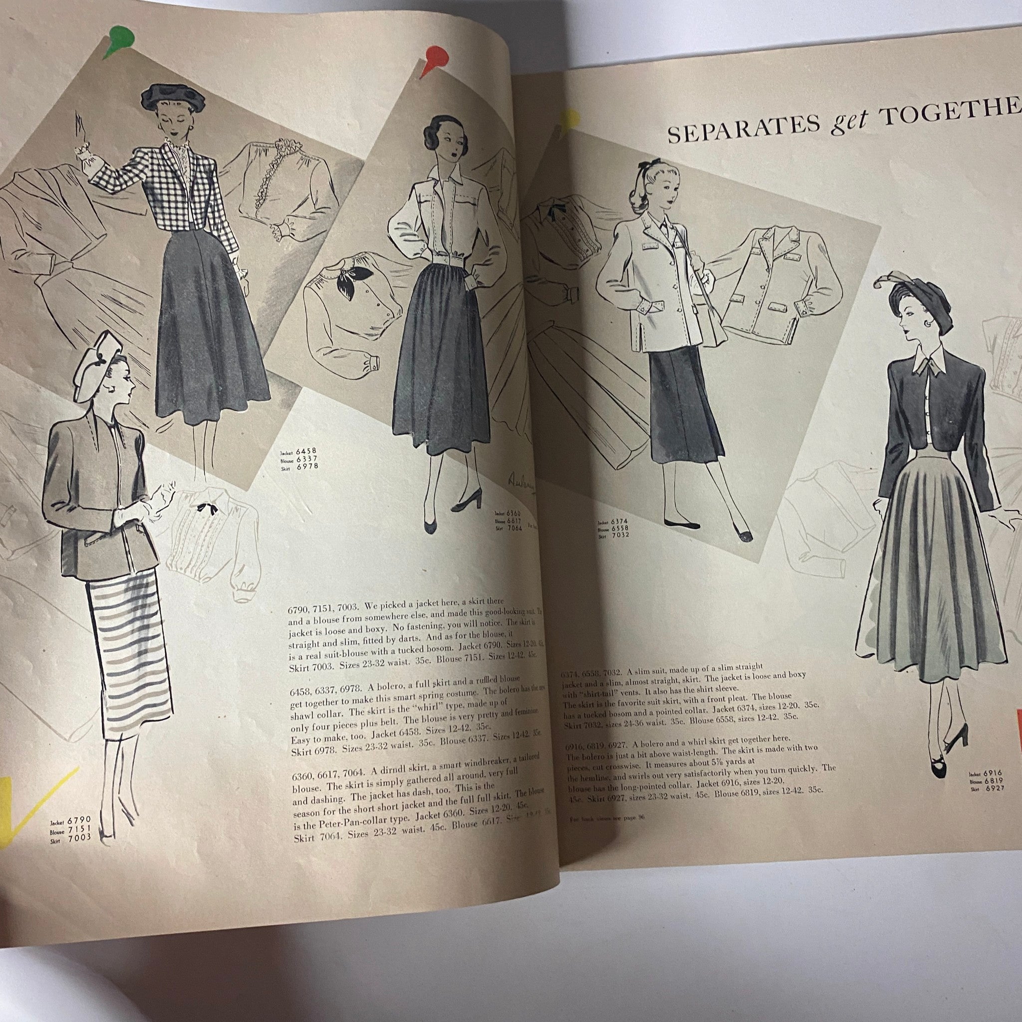 Interior page of the 1948 McCall Styles Spring Pattern Book Catalog showcasing stylish separates including blouses and skirts, accompanied by detailed descriptions, reflecting 1940s wardrobe staples.