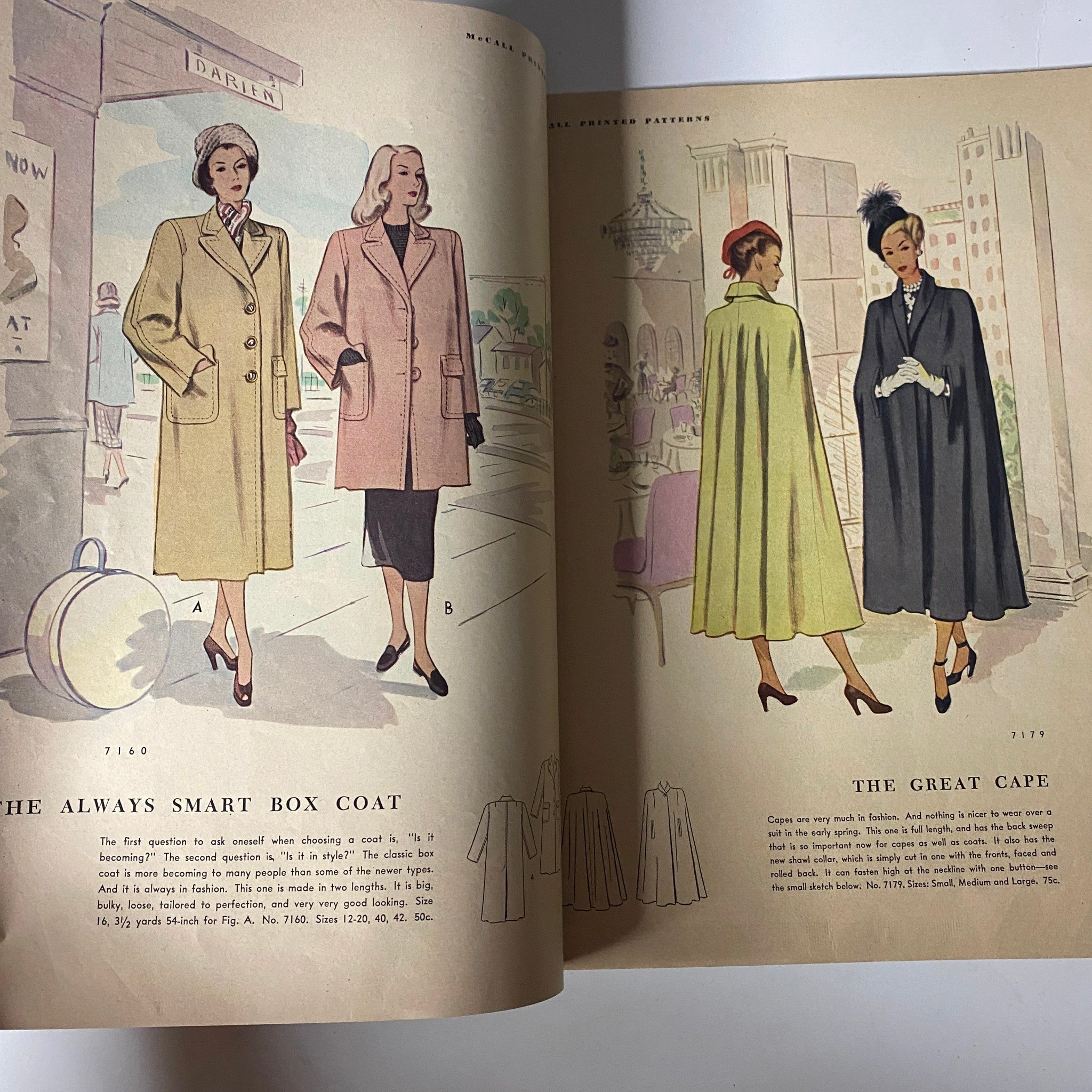 Interior page of the 1948 McCall Styles Spring Pattern Book Catalog highlighting elegant outerwear designs, such as coats and capes, with illustrations depicting fashionable ladies.