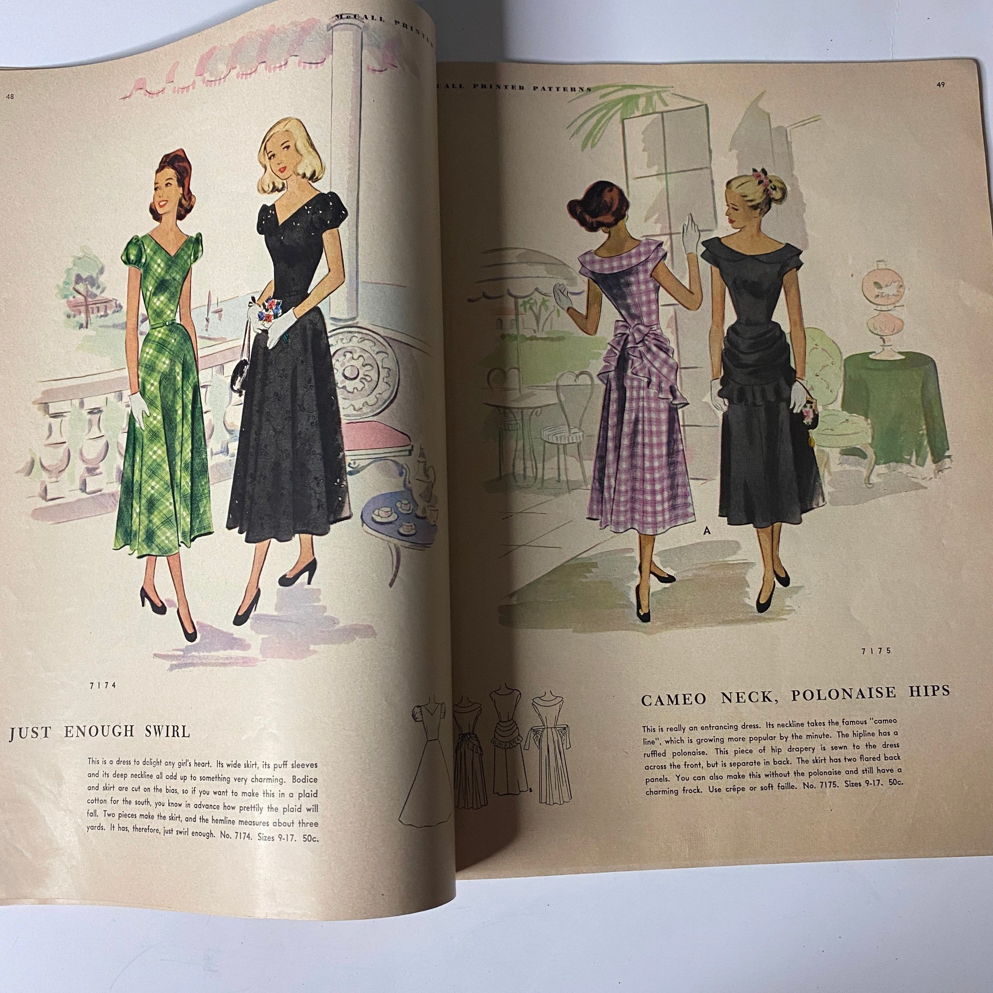 1948 McCall Styles Spring Pattern Book Catalog showcasing elegant dresses with the title 'Just Enough Swirl' and 'Cameo Neck, Polonaise Hips', featuring vintage fashion illustrations.