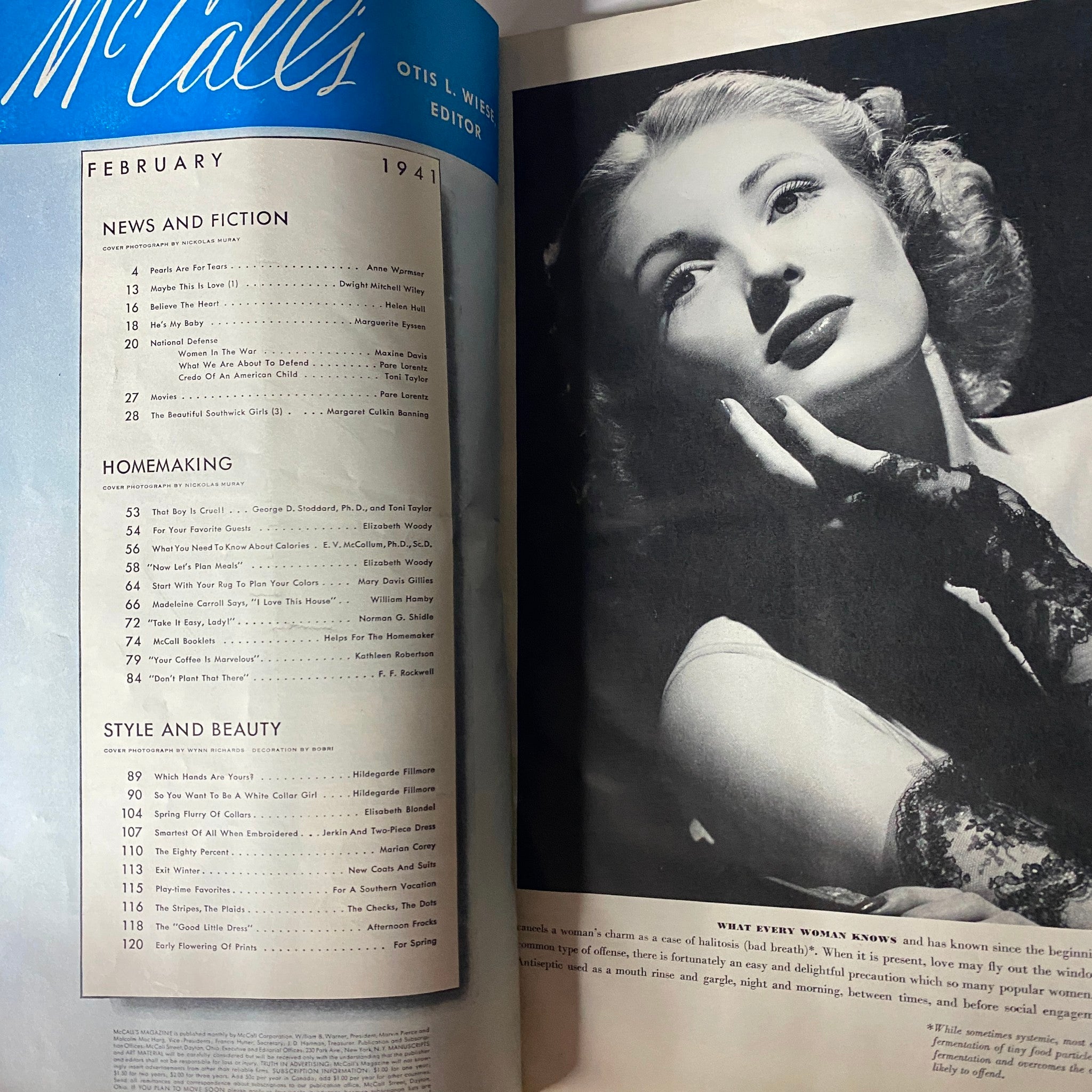 Cover page of McCall's Three Magazine in One, February 1941, featuring a glamorous portrait of a woman and article sections on News and Fiction, Homemaking, and Style and Beauty.