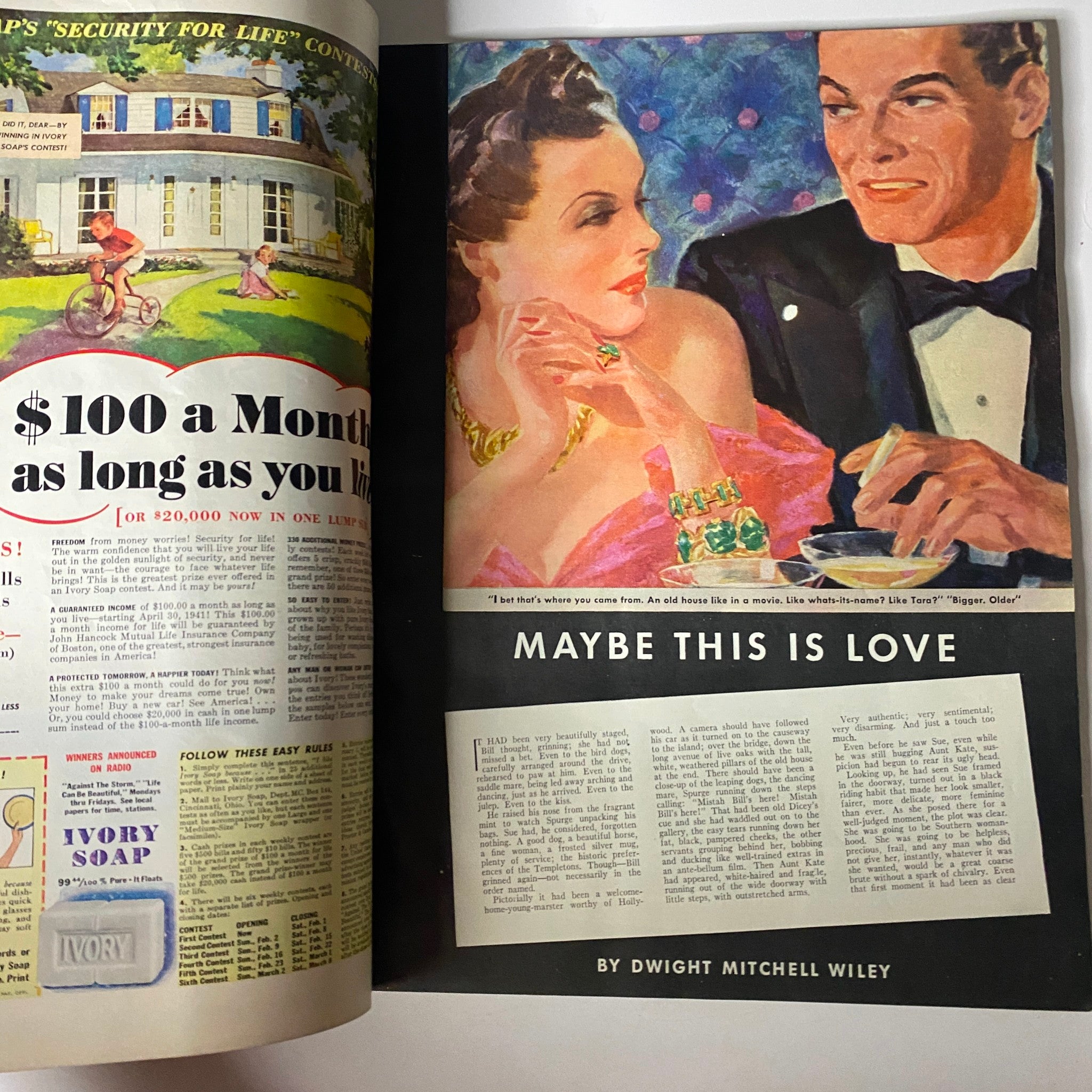 Interior page of McCall's Three Magazine in One, February 1941, showcasing a colorful illustration to accompany the story 'Maybe This Is Love' by Dwight Mitchell Wiley.