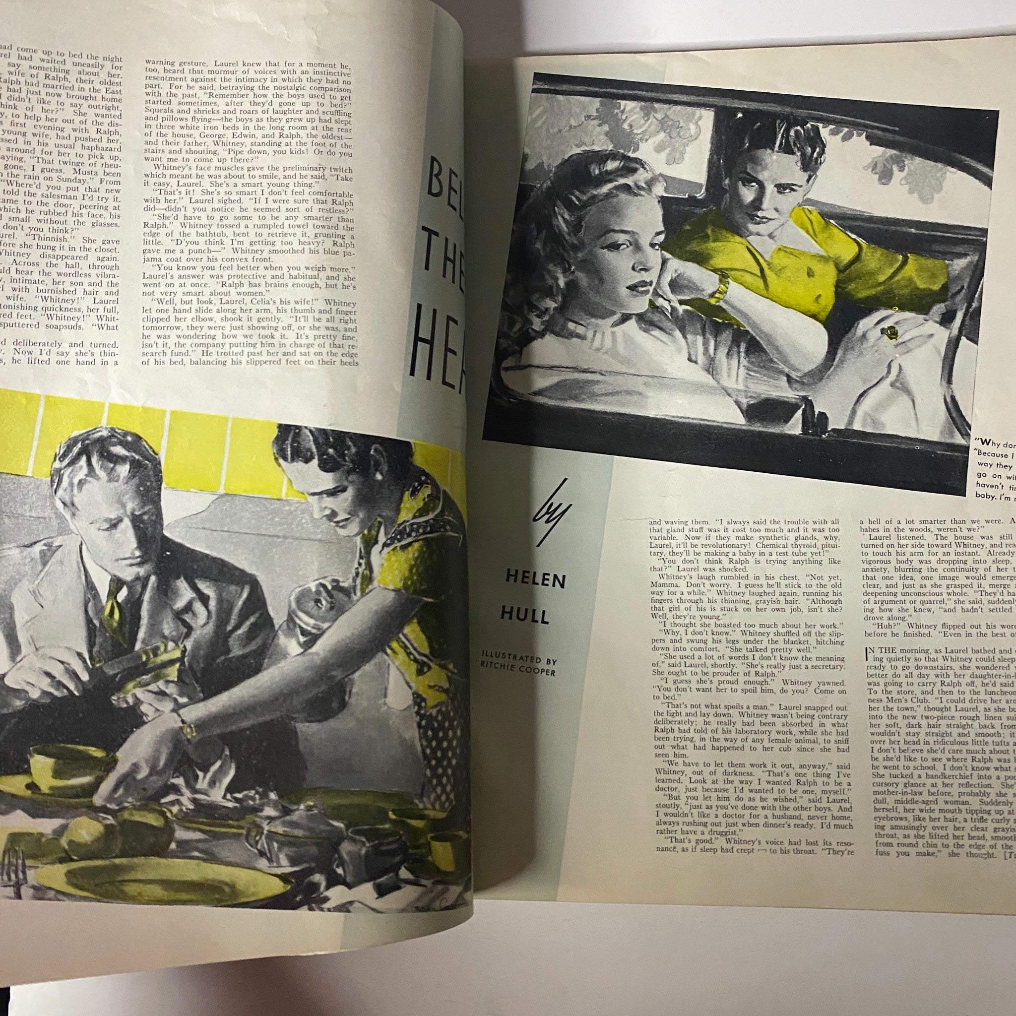 Interior page of McCall's Three Magazine in One, February 1941, featuring an article and illustrations for 'Believe the Heart' by Helen Hull, highlighting themes of domestic life.