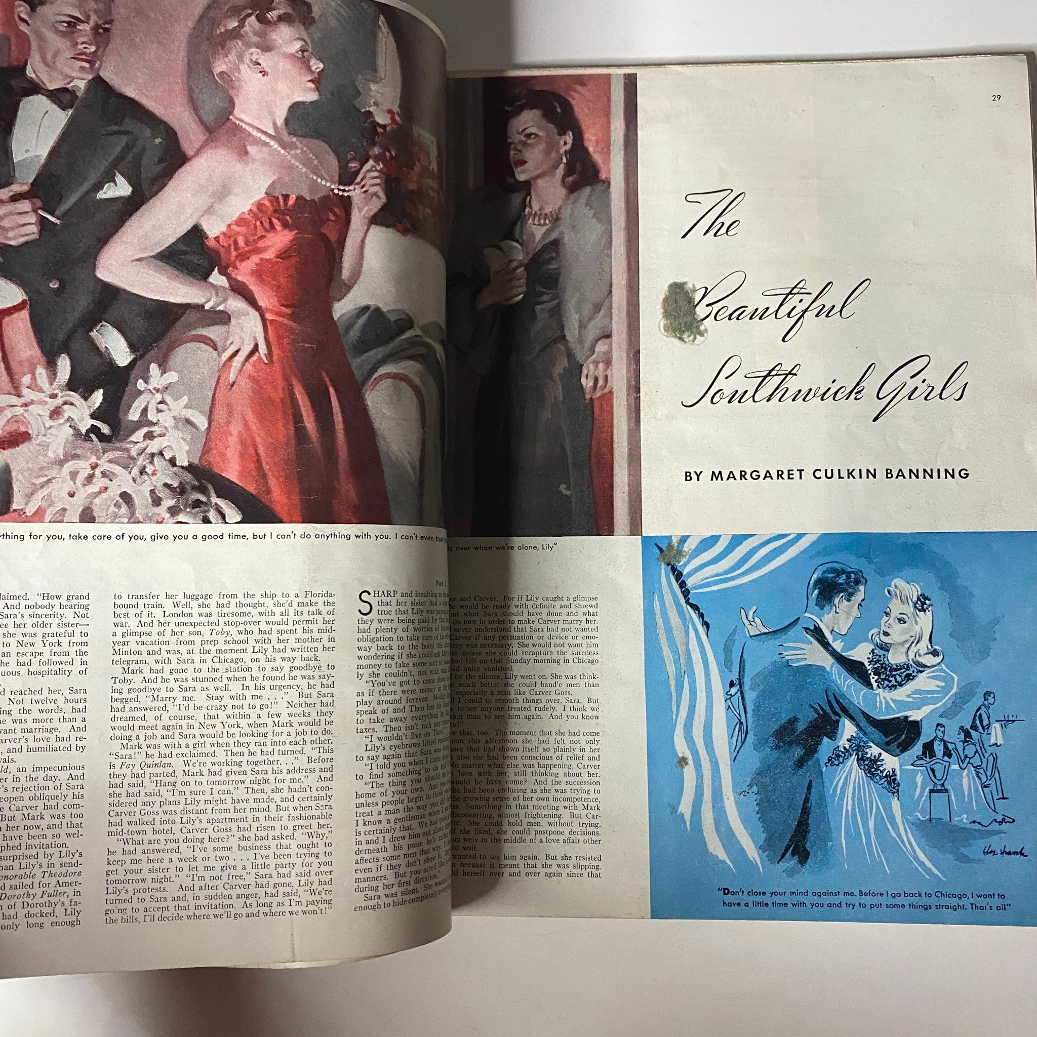 Interior page of McCall's Three Magazine in One, February 1941, presenting the serialized story 'The Beautiful Southwick Girls' by Margaret Culkin Banning, illustrated vividly.