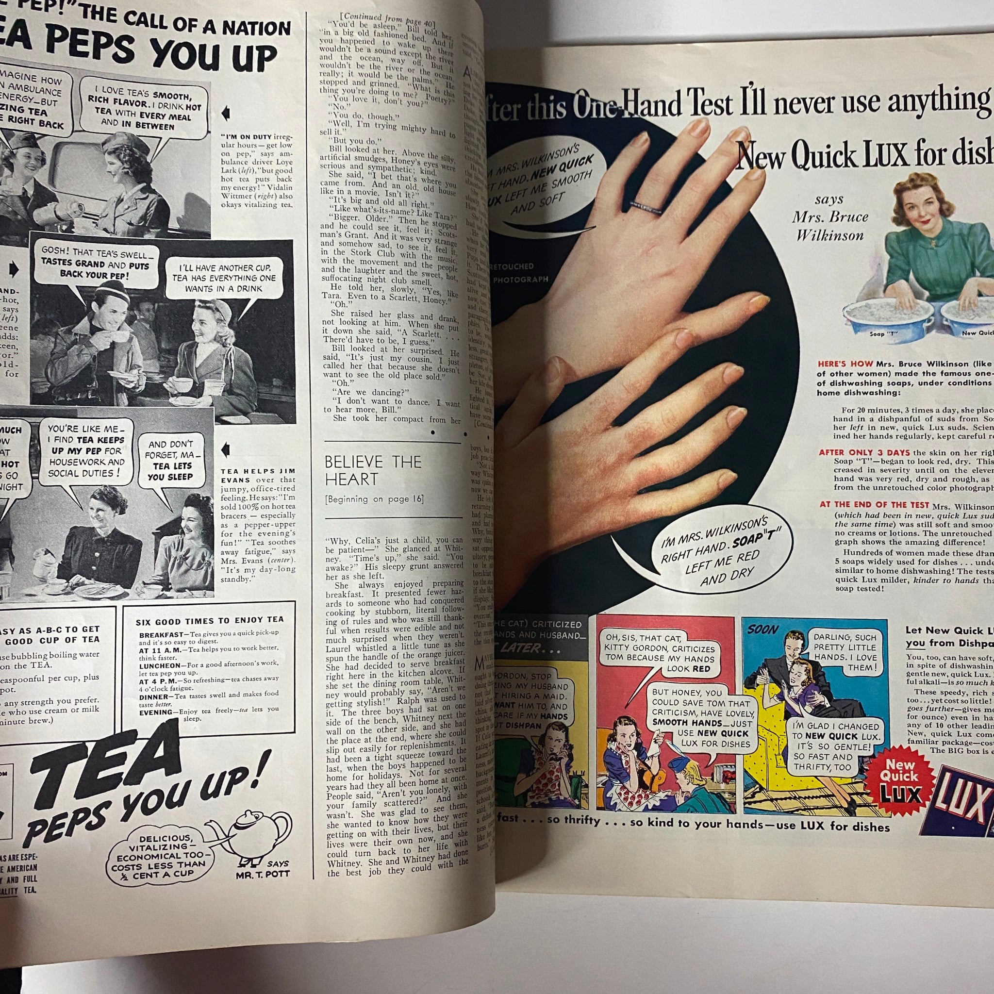 Interior page of McCall's Three Magazine in One, February 1941, featuring advertisements and articles focused on domestic advice and beauty products, illustrating period marketing strategies.
