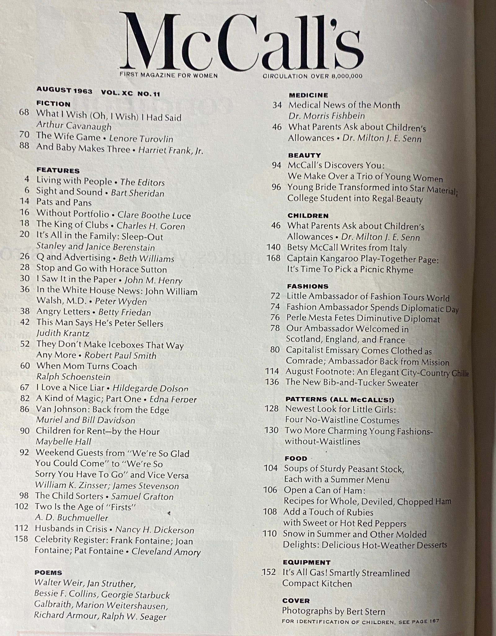 Table of contents from McCall's Magazine August 1963 including features, fiction, and articles related to children, beauty, and parenting.