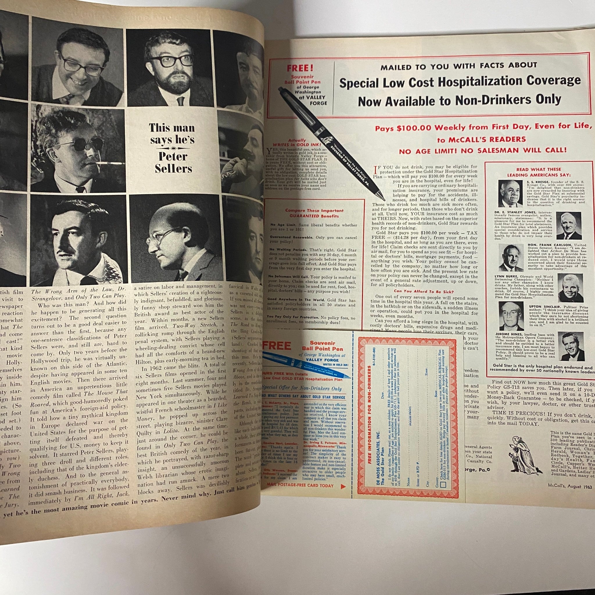 Interior page of McCall's Magazine August 1963 showcasing a feature titled 'This Man Says He’s Peter Sellers' along with various black and white photos.