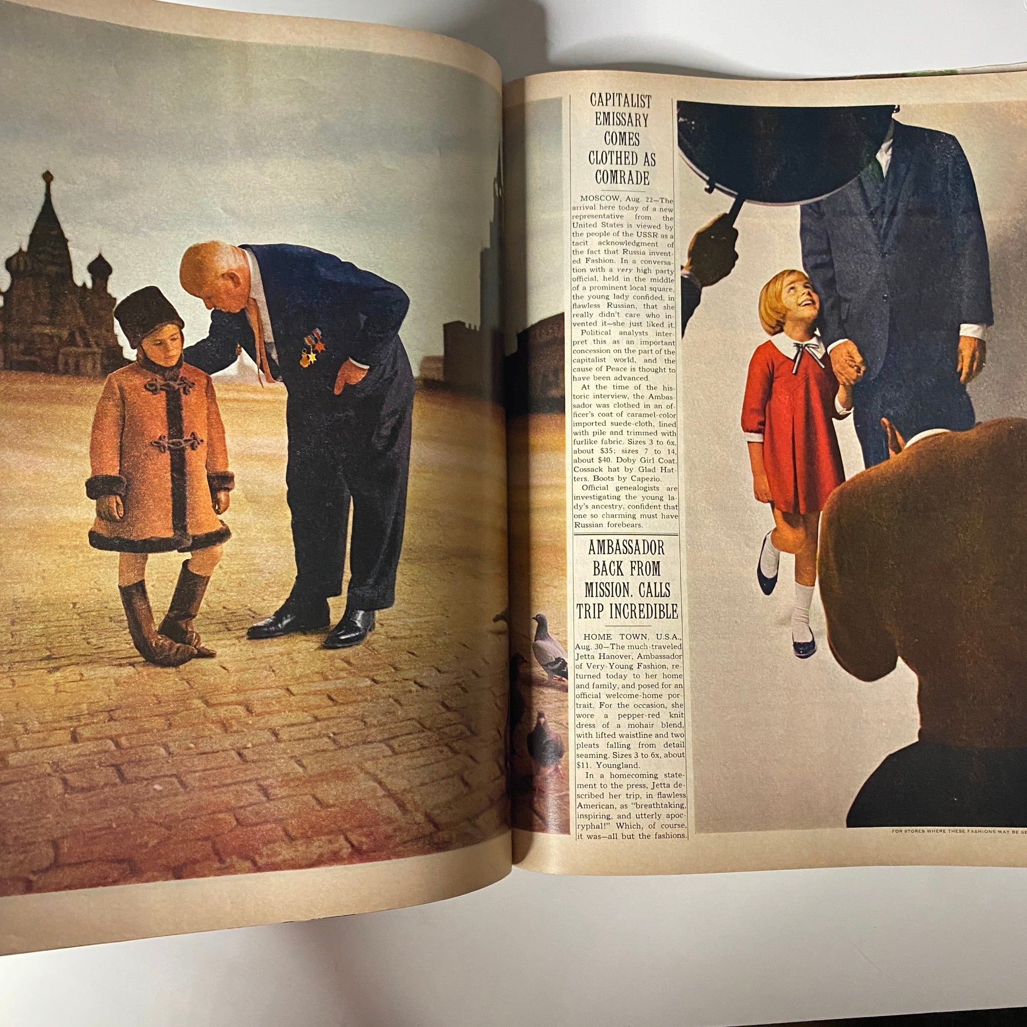 McCall's Magazine August 1963 titled '$25-Hour Children: Modeling is Their Business' showing a nostalgic scene with a child in a coat and an adult figure leaning down, set against a backdrop of historical architecture.