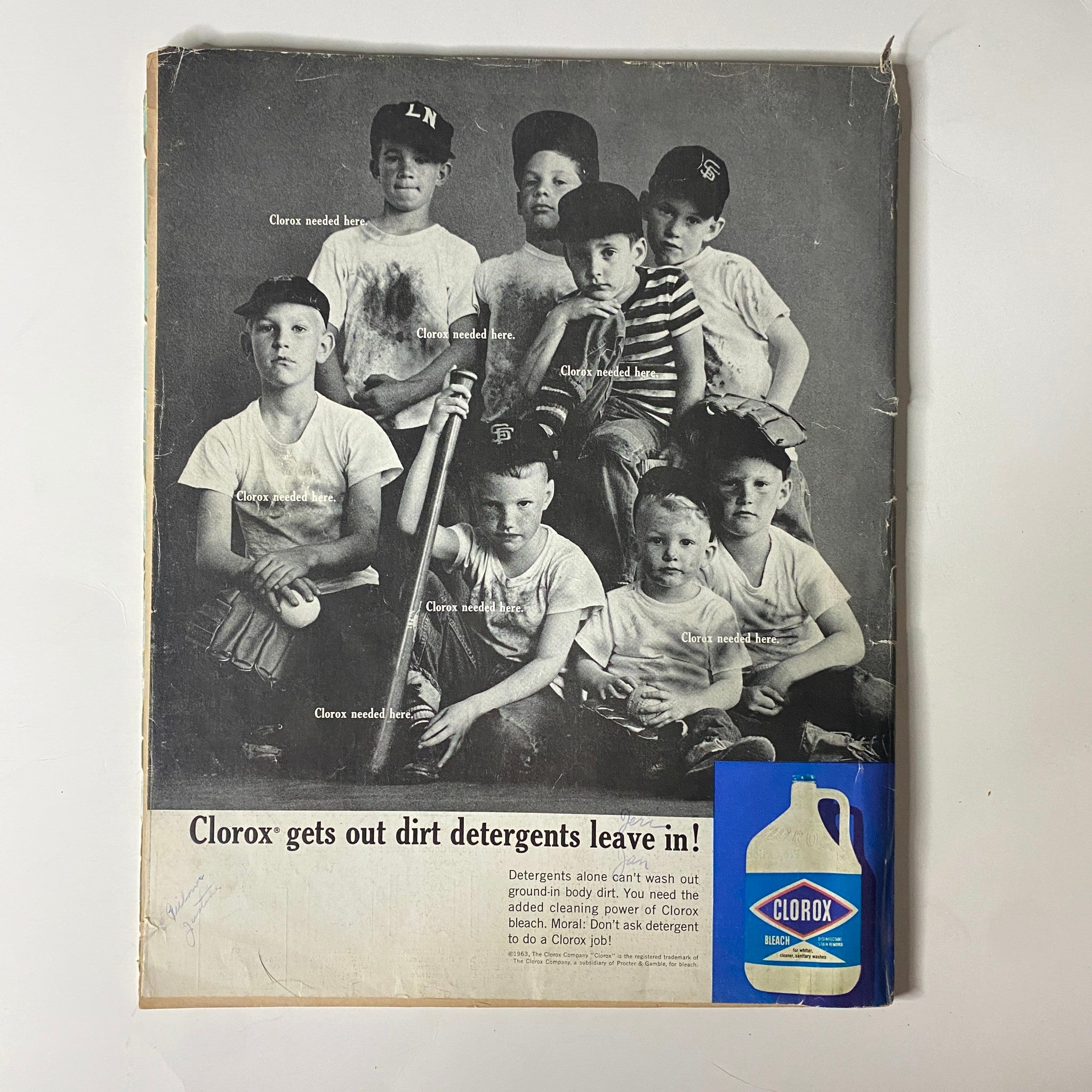 Cover image from McCall's Magazine August 1963 featuring children dressed in baseball attire, promoting Clorox with the tagline '$25-Hour Children: Modeling is Their Business', highlighting playful childhood themes.