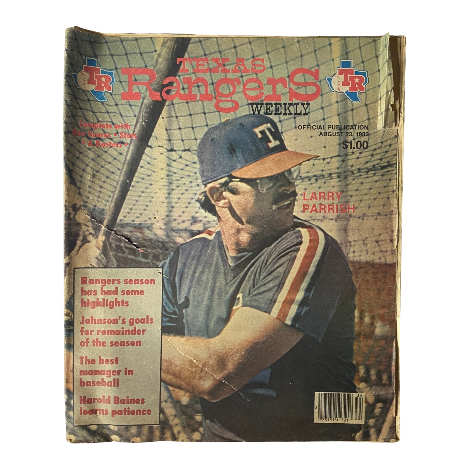 Texas Rangers Weekly Magazine August 23, 1982 featuring Larry Parrish on the cover, showcasing a vintage baseball-themed design.