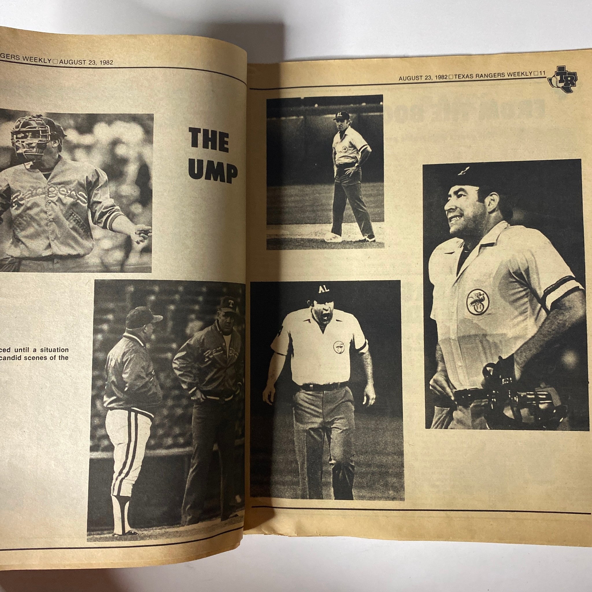 Texas Rangers Weekly Magazine August 23, 1982 Larry Parrish Cover No Label, featuring a highlight spread titled 'THE UMP' showcasing American League umpires in action and behind-the-scenes moments.