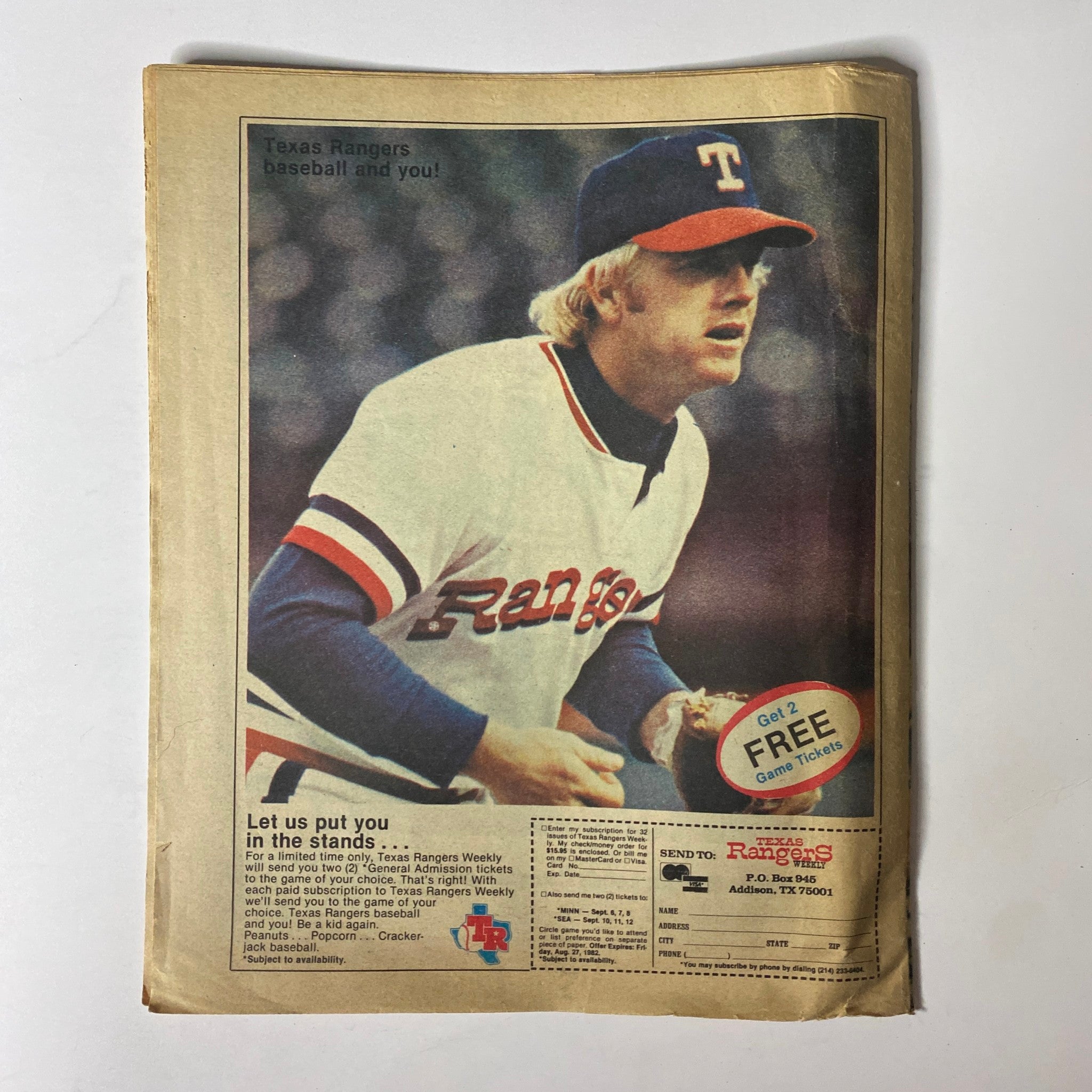 Texas Rangers Weekly Magazine August 23, 1982 Larry Parrish Cover No Label, showcasing a vintage cover featuring a Texas Rangers player, promoting the magazine subscription with an offer for free game tickets.