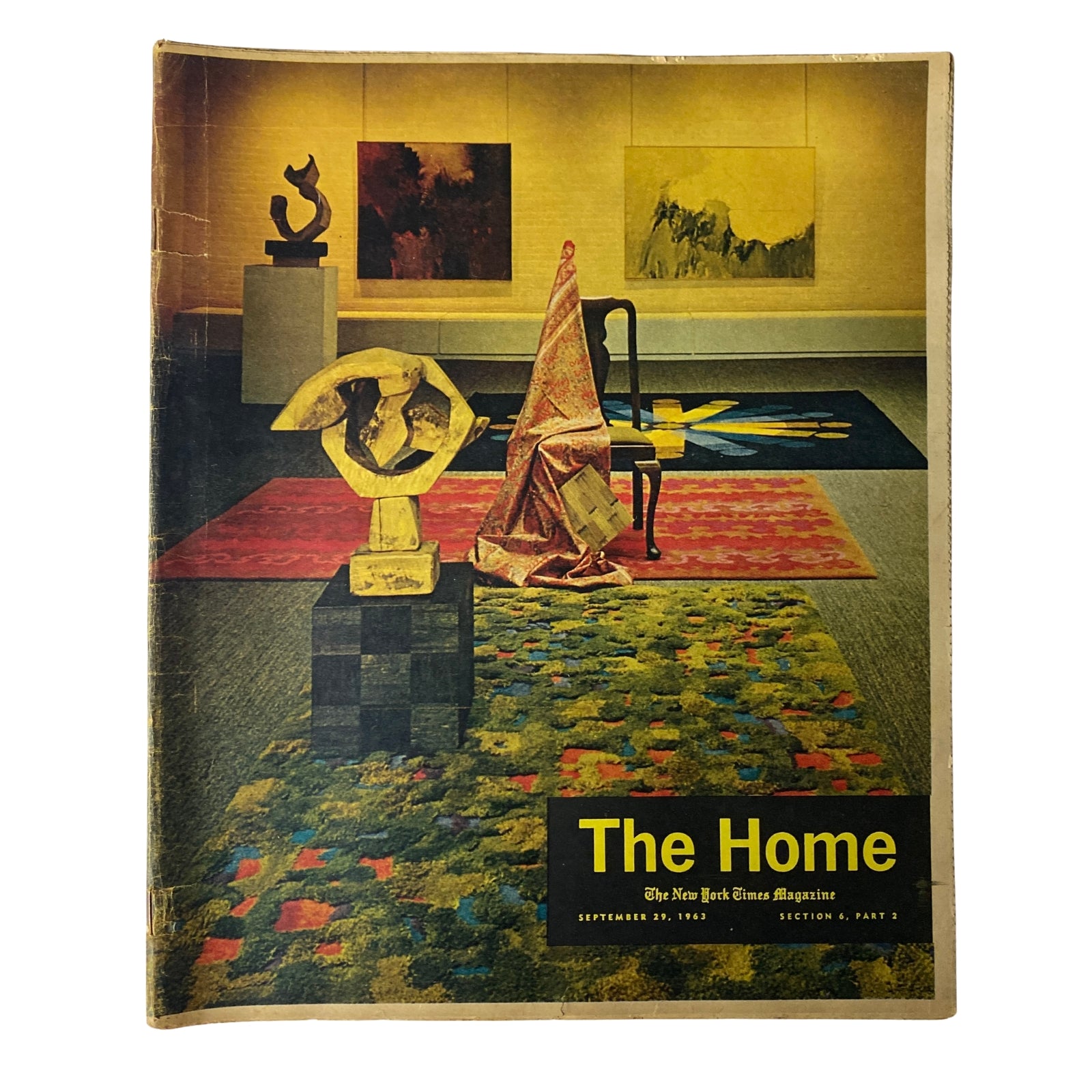 Cover of The New York Times Magazine from September 29, 1963, titled 'The Home', featuring a modern art display with sculptures and an elegant interior setting.