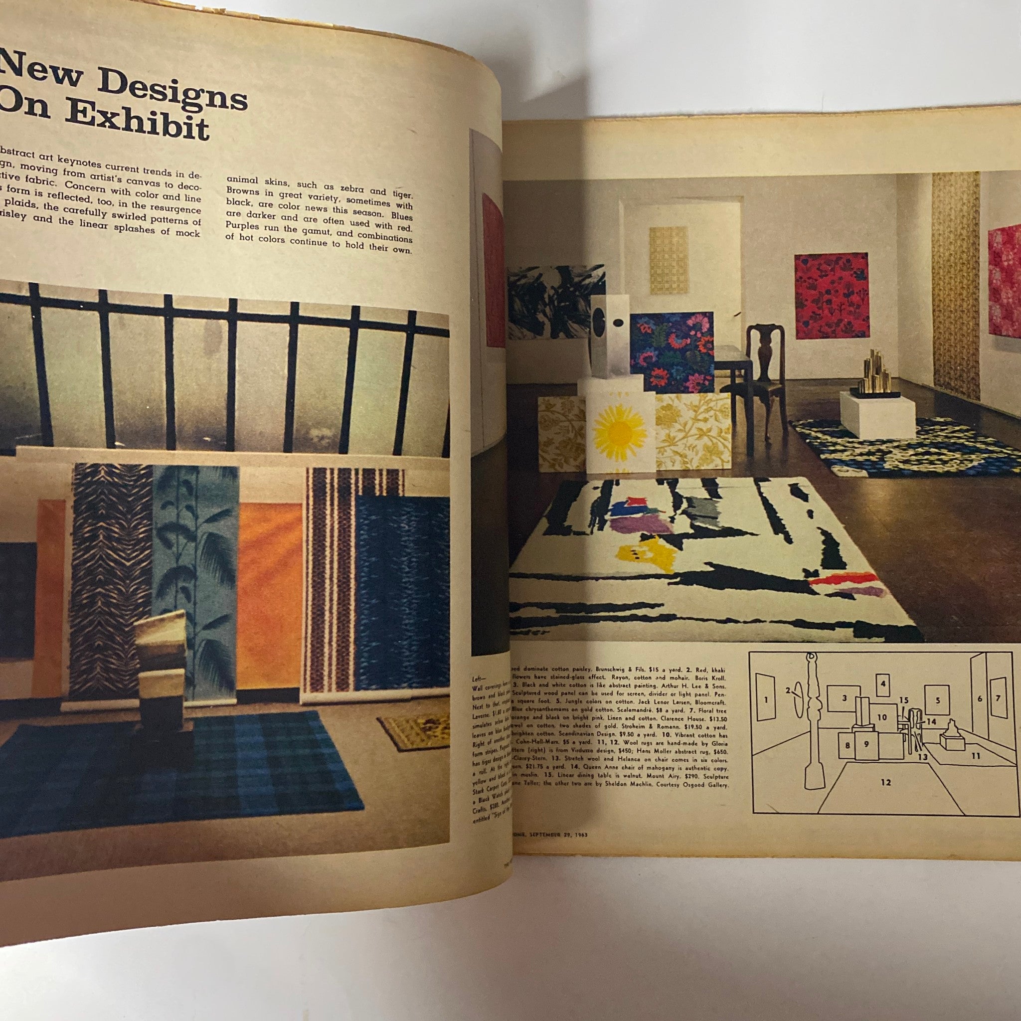 The New York Times Magazine September 29, 1963 showcasing unique interior design patterns with colorful fabrics and artwork on display, representing mid-century home aesthetics.