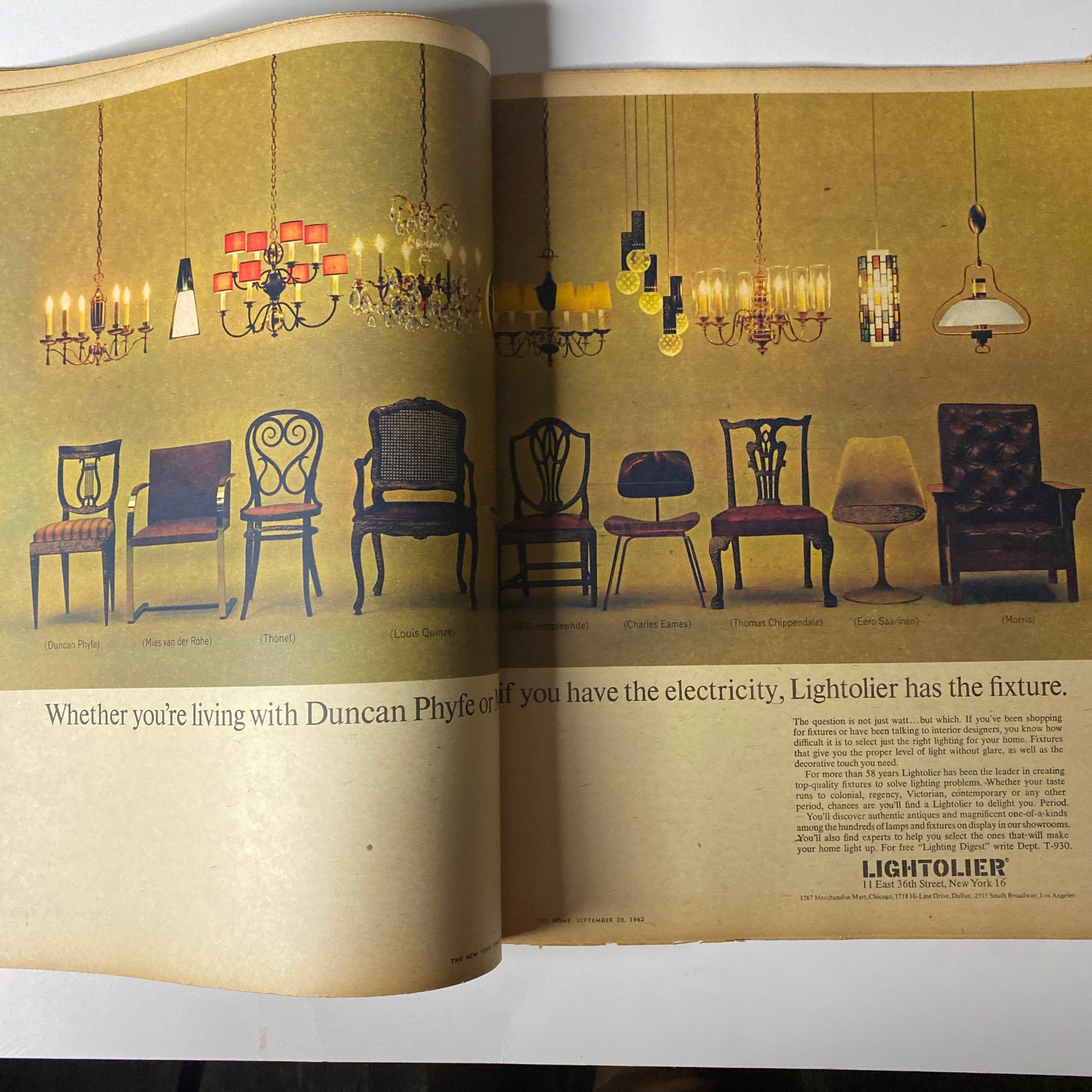 An advertisement in The New York Times Magazine September 30, 1962, displaying an array of decorative chairs and lighting fixtures by Lightolier, underscoring the blend of style and functionality in home living.