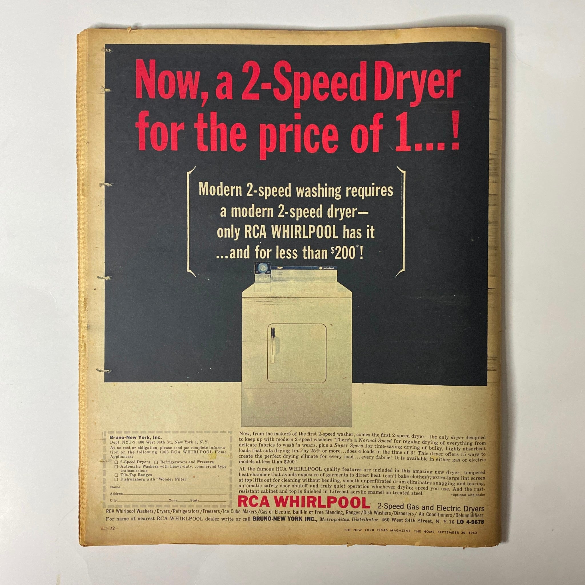 A classic advertisement from The New York Times Magazine September 30, 1962, promoting RCA Whirlpool's modern 2-speed dryer, emphasizing its efficiency and affordability for household needs.