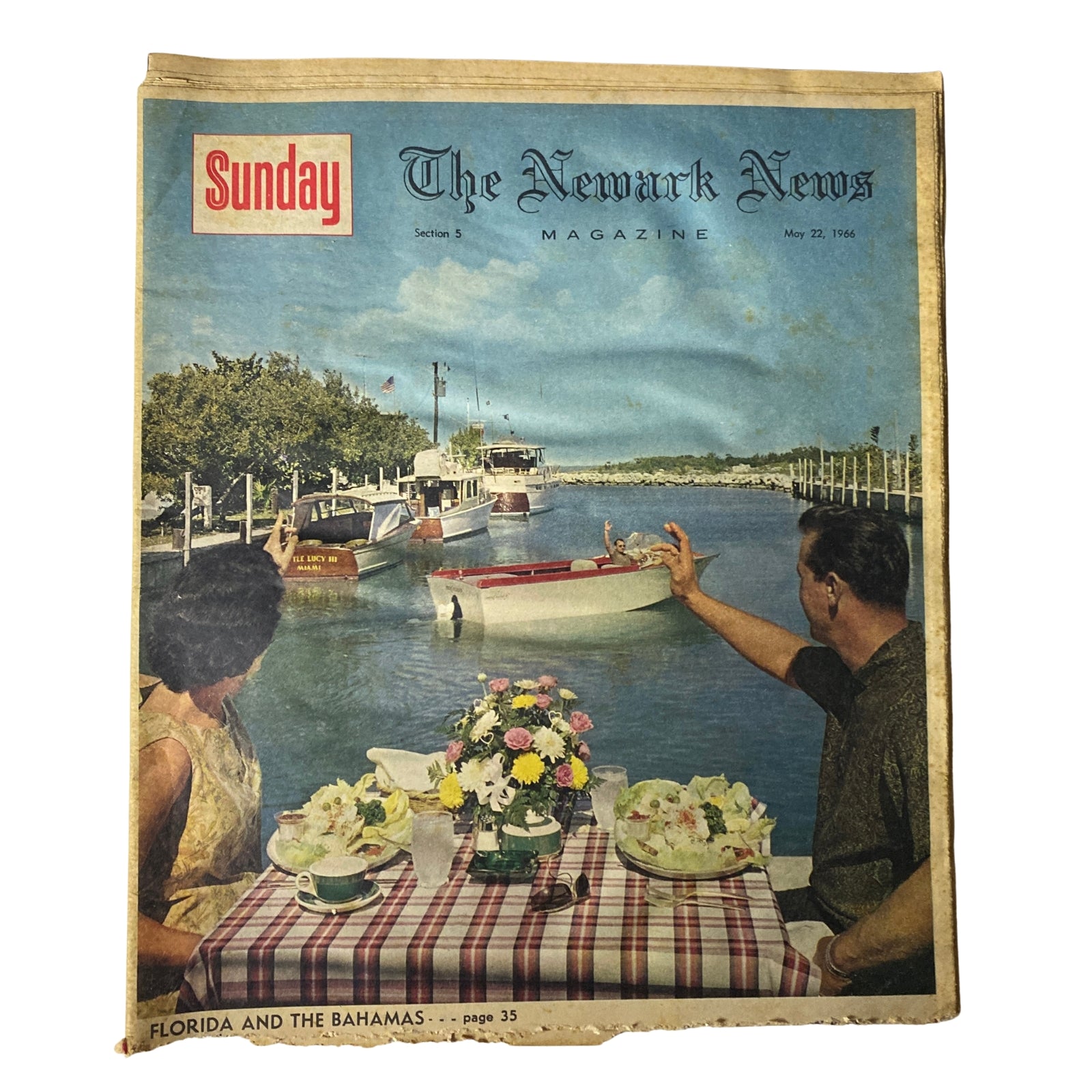 Cover of the Sunday Newark News Magazine from May 22, 1966, featuring a scenic view of Florida and The Bahamas, with a picturesque waterfront scene, a boat, and a dining setup. This edition highlights mid-1960s culture, fashion, and travel.