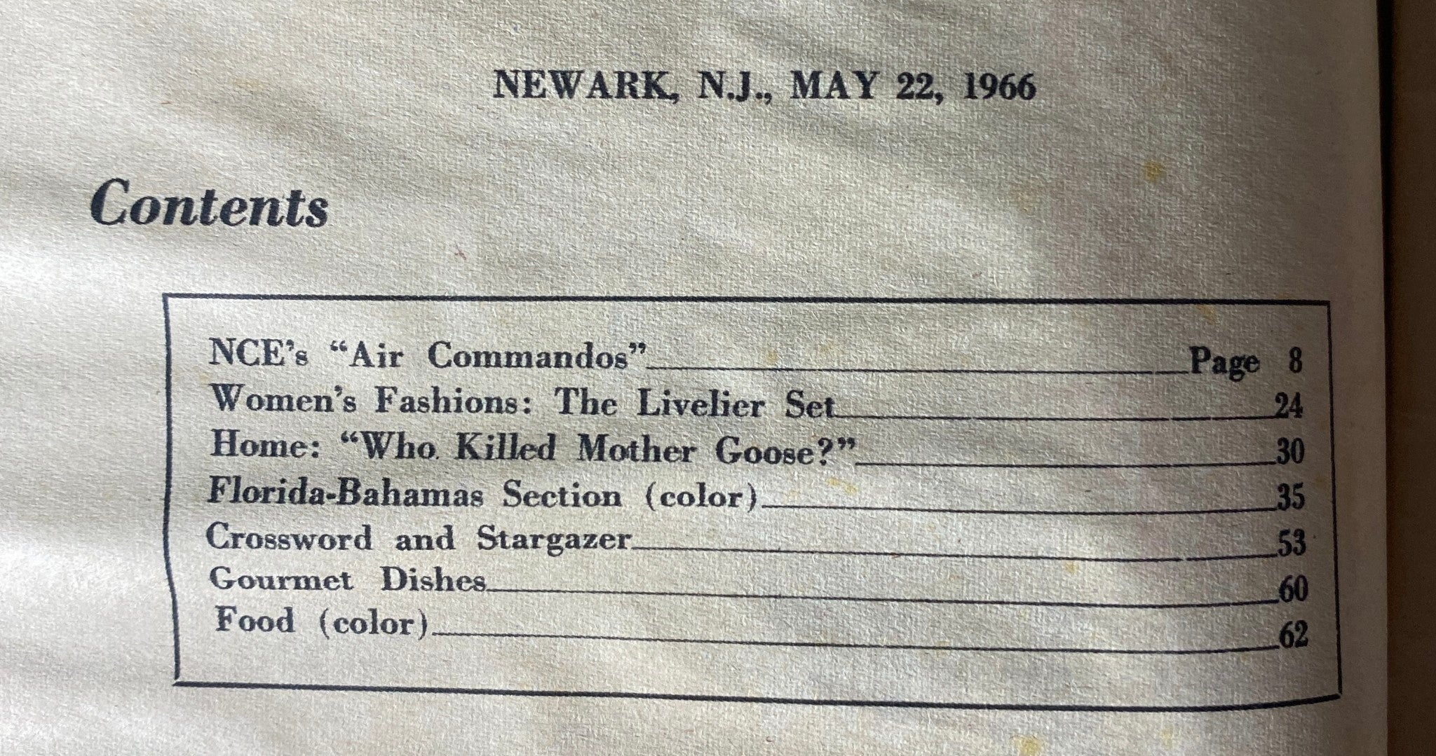 Table of contents from Sunday Newark News Magazine May 22, 1966 listing features including 'NCE's Air Commandos' and 'Florida-Bahamas Section'.