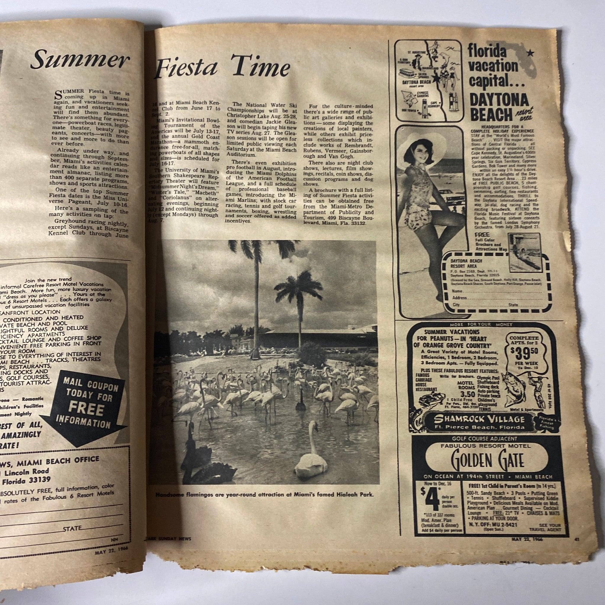 Page showcasing a travel feature in Sunday Newark News Magazine May 22, 1966, with an image of flamingos in Miami's Hialeah Park, promoting Florida tourism.