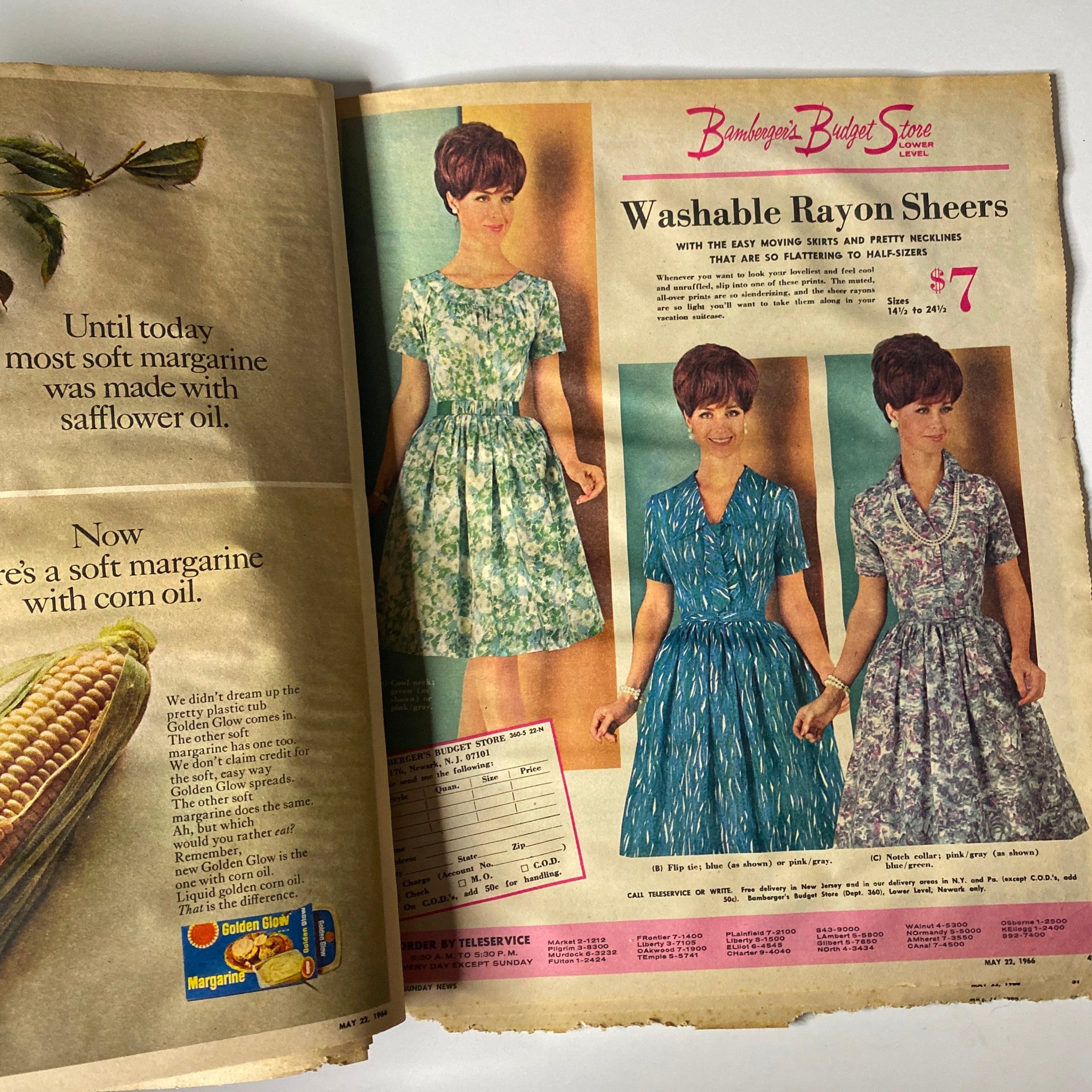 Fashion advertisement in Sunday Newark News Magazine May 22, 1966 displaying women's summer dresses, reflecting the vibrant styles of the 1960s.