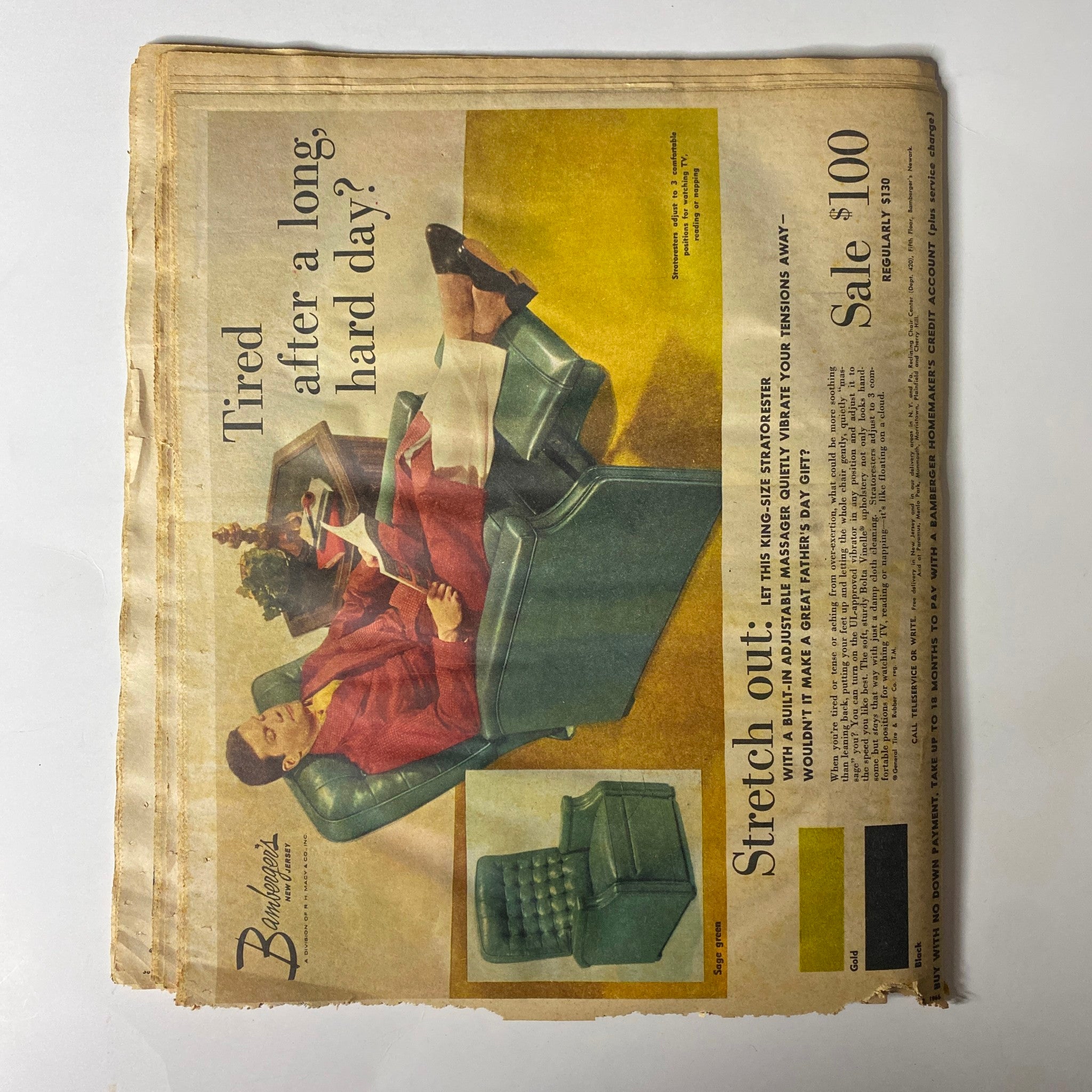 Cover image of the Sunday Newark News Magazine from May 22, 1966, featuring a vintage advertisement showcasing a woman relaxing with the caption 'Tired after a long, hard day?' The illustration highlights furniture designs from the era, capturing the mid-60s style and aesthetic.