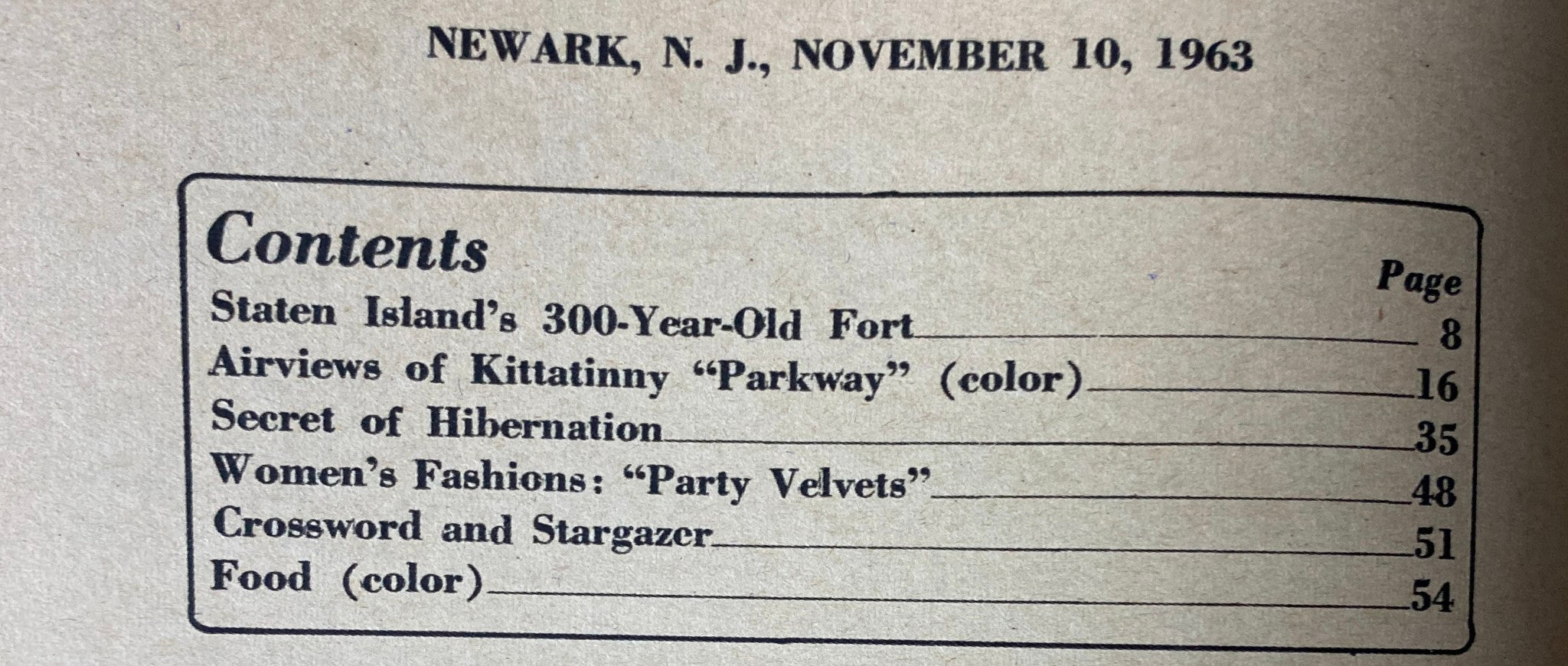 Contents page of the Sunday Newark News Magazine, November 10, 1963, listing features such as Staten Island’s 300-Year-Old Fort and Airviews of Kittatinny Parkway.