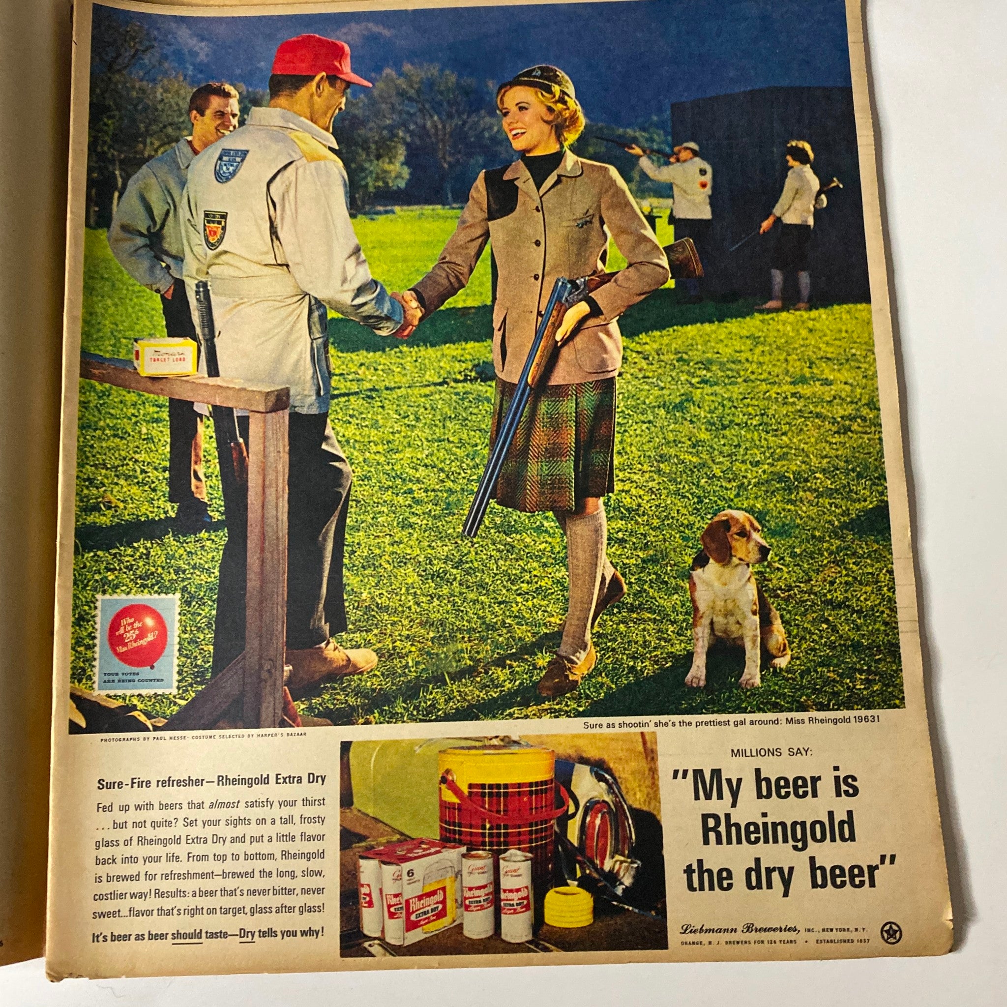 Advertisement from the Sunday Newark News Magazine, November 10, 1963, showcasing Rheingold Extra Dry beer with a fashionable woman and a dog.
