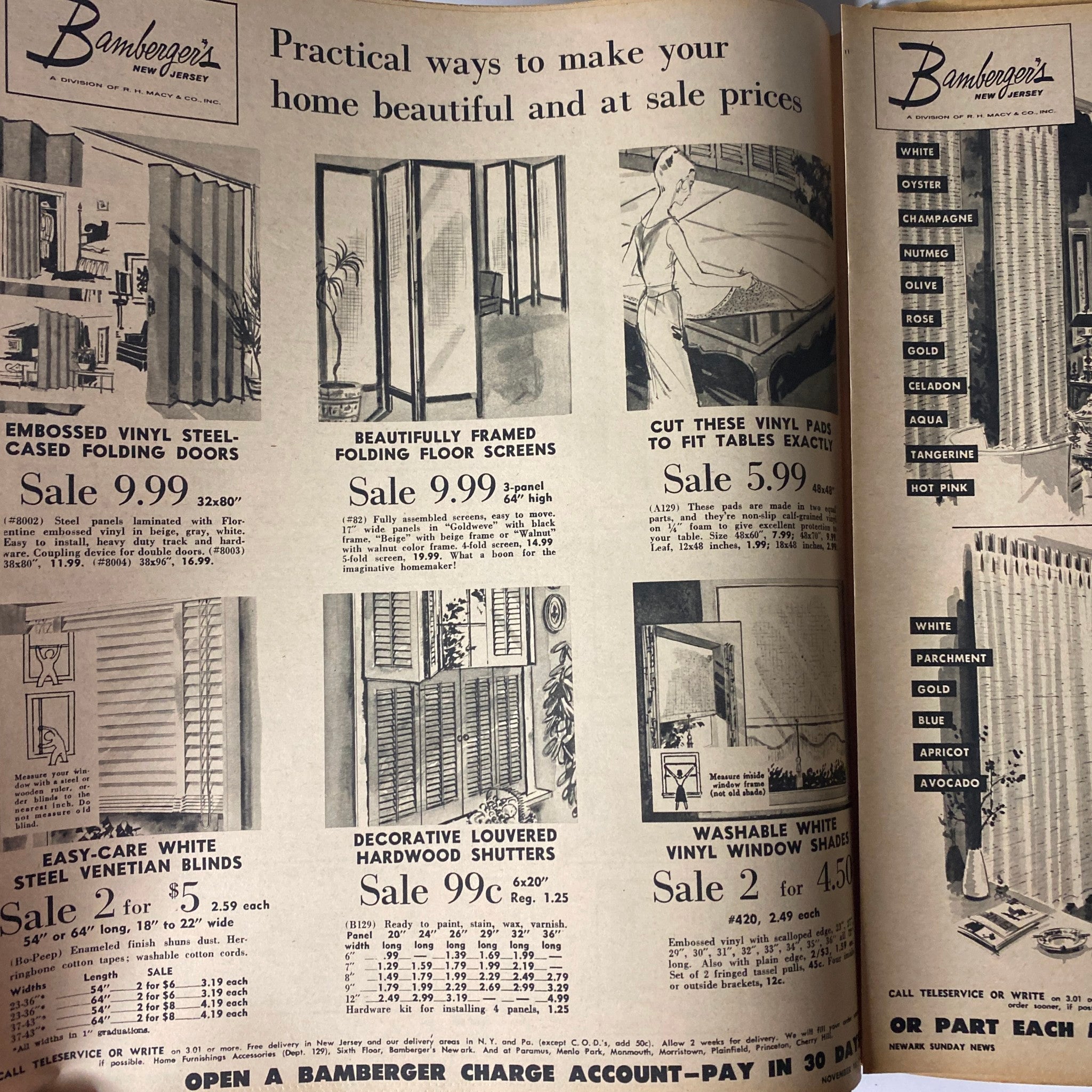 Bamberger's advertisement featuring practical home improvement products such as steel-cased folding doors, vinyl blinds, and hardwood shutters on sale, from the Sunday Newark News Magazine November 10, 1963.