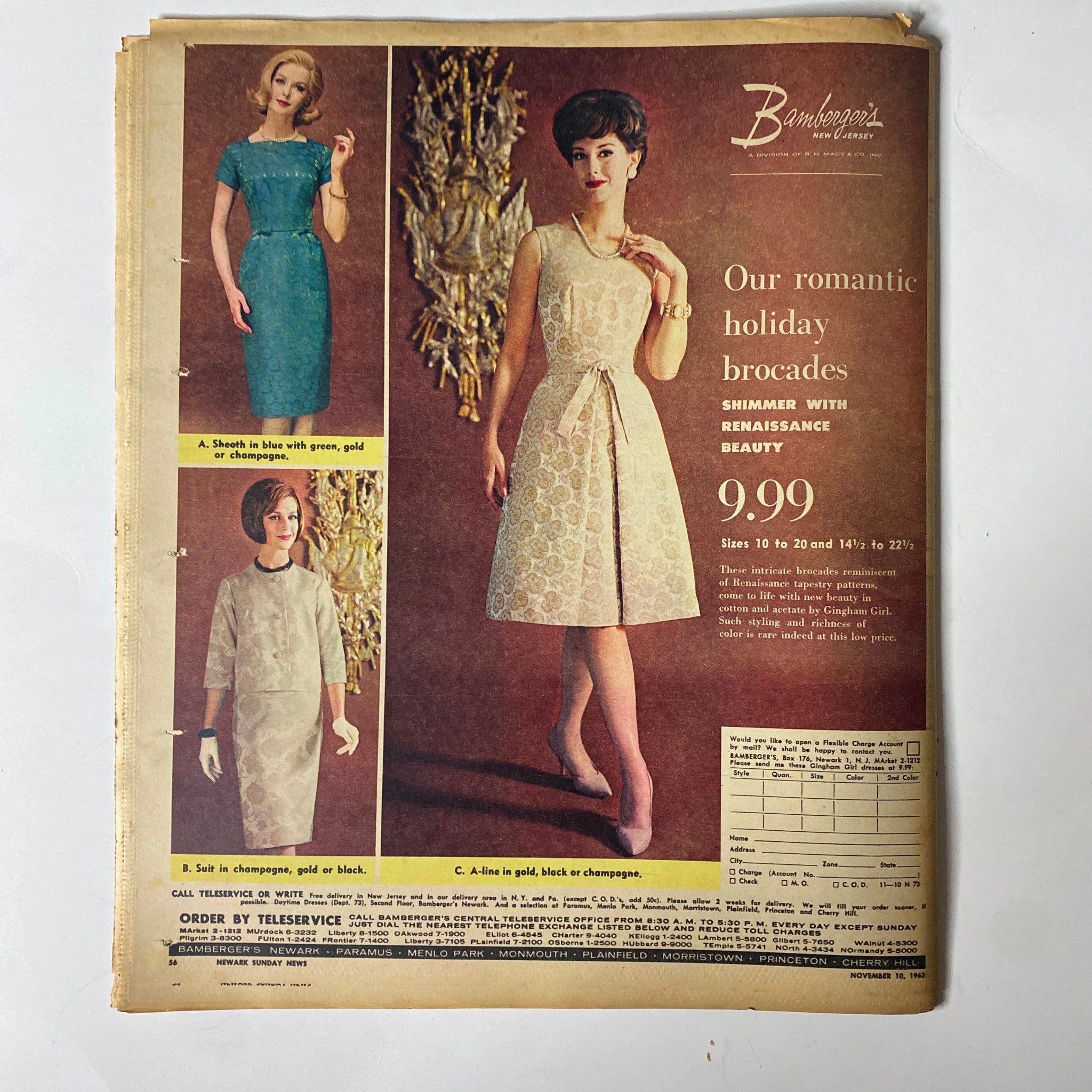 Bamberger's holiday fashion advertisement showcasing elegant dresses with holiday brocades, featuring models in stylish outfits, from the Sunday Newark News Magazine November 10, 1963.