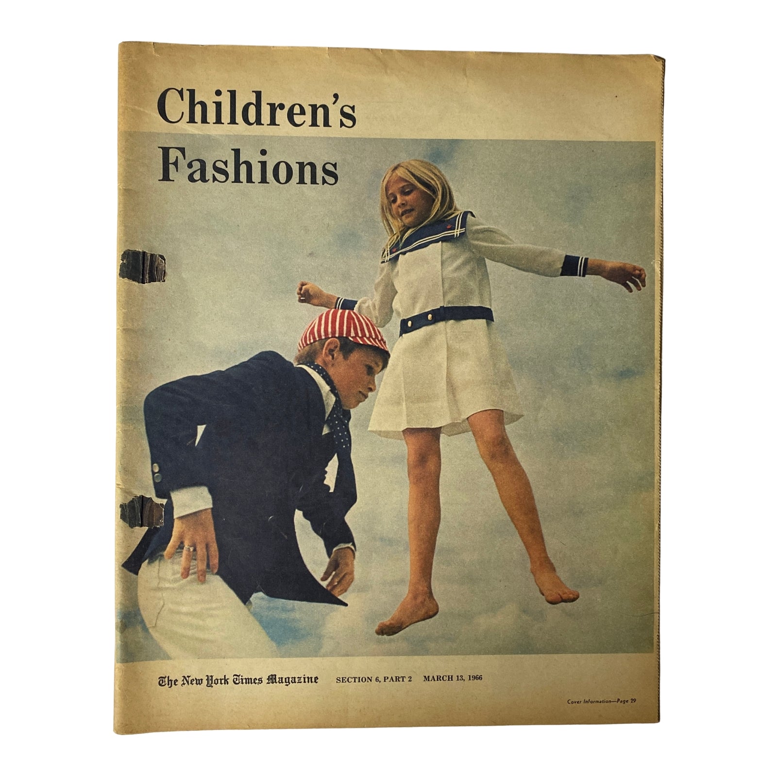 Cover of The New York Times Magazine March 13, 1966 featuring a children's fashion theme with a young girl in a white dress standing playfully on a rock while a boy in a naval-themed outfit watches her.
