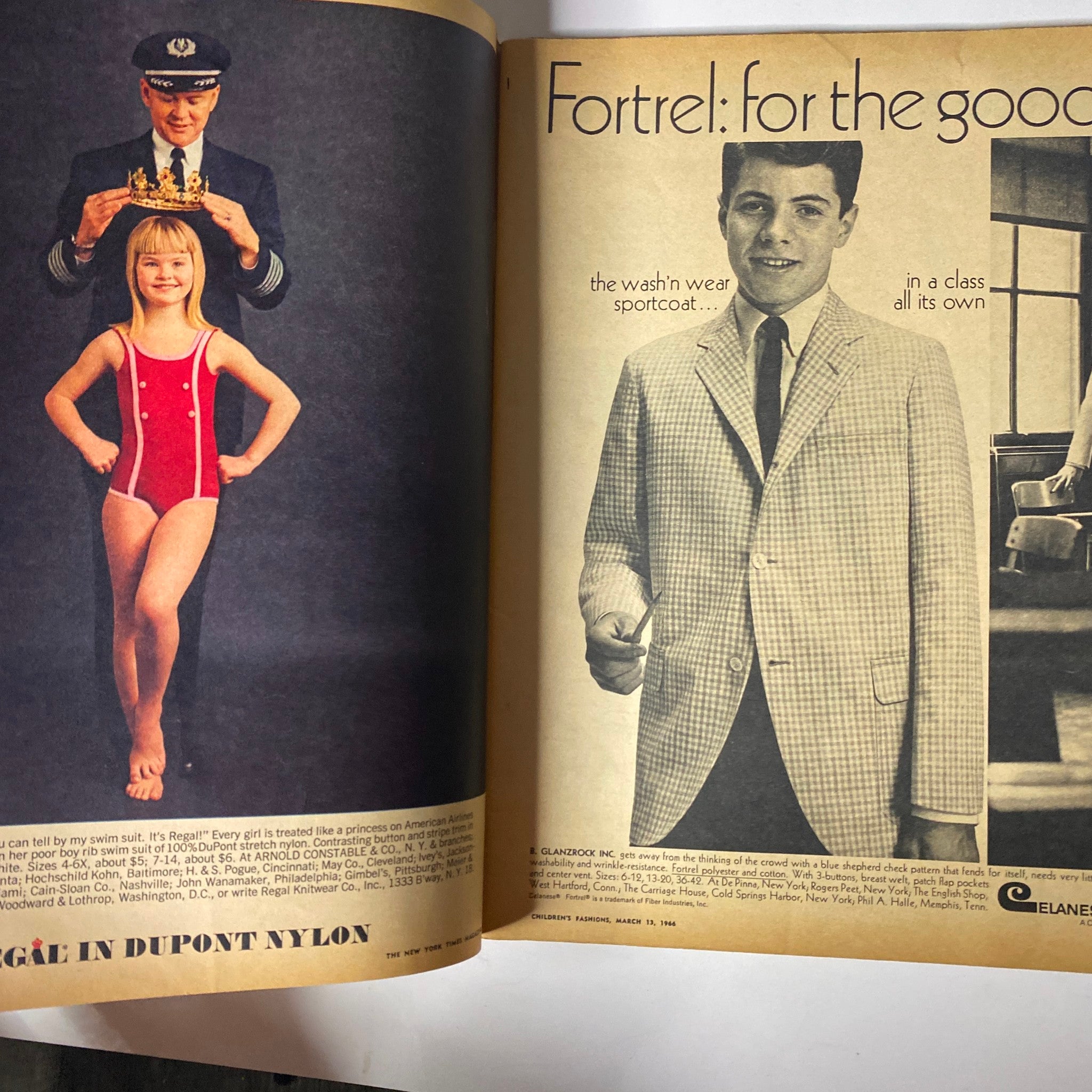 Interior page of The New York Times Magazine March 13, 1966 showcasing children's fashion; a young girl poses in a swimsuit next to a boy in a tailored suit, promoting Fortrel fabric for children's clothing.