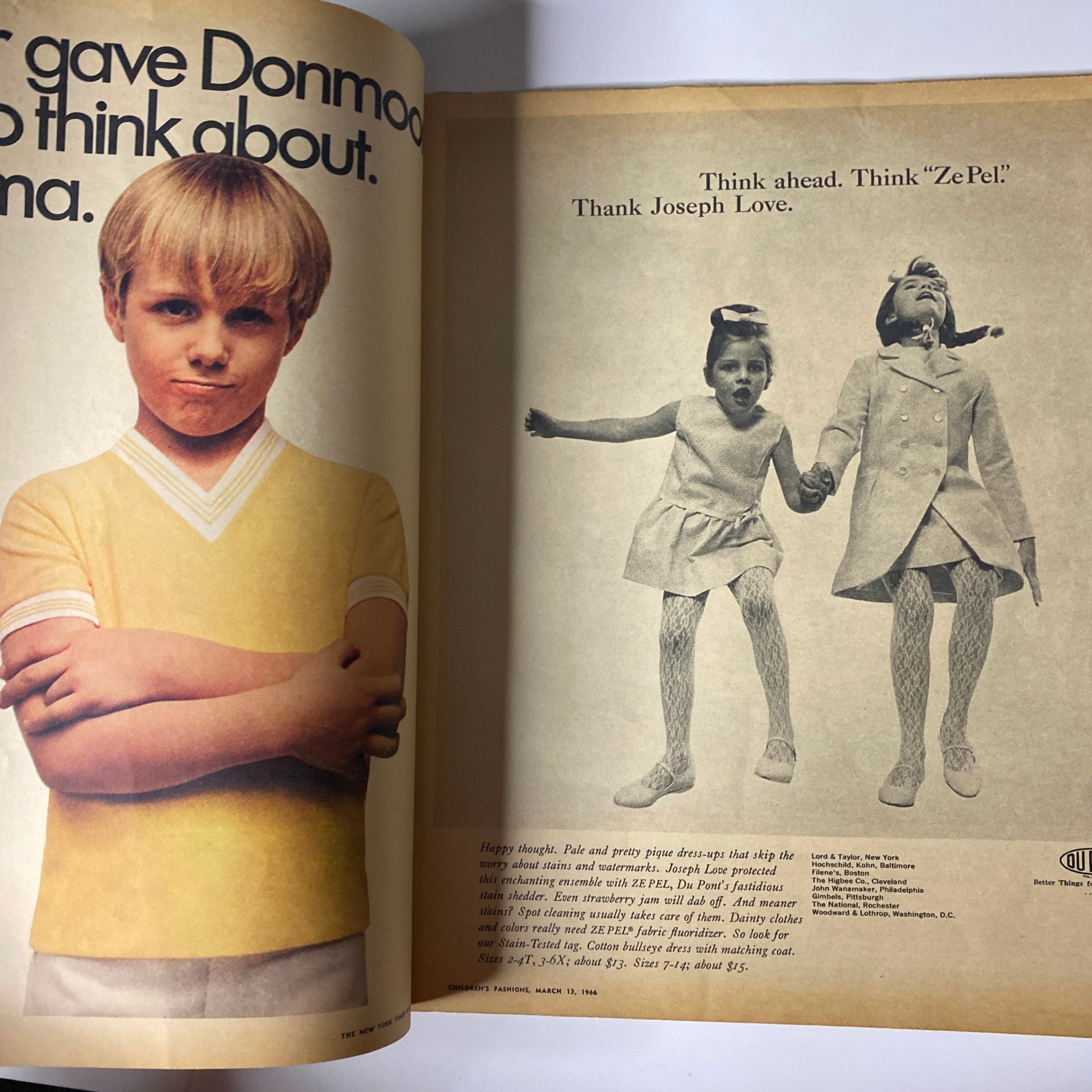 The New York Times Magazine March 13, 1966 Children's Fashion No Label VG featuring a young boy in a yellow shirt beside two girls wearing a stylish coat and dress. The advertisement promotes children's fashion with a focus on style and practicality.
