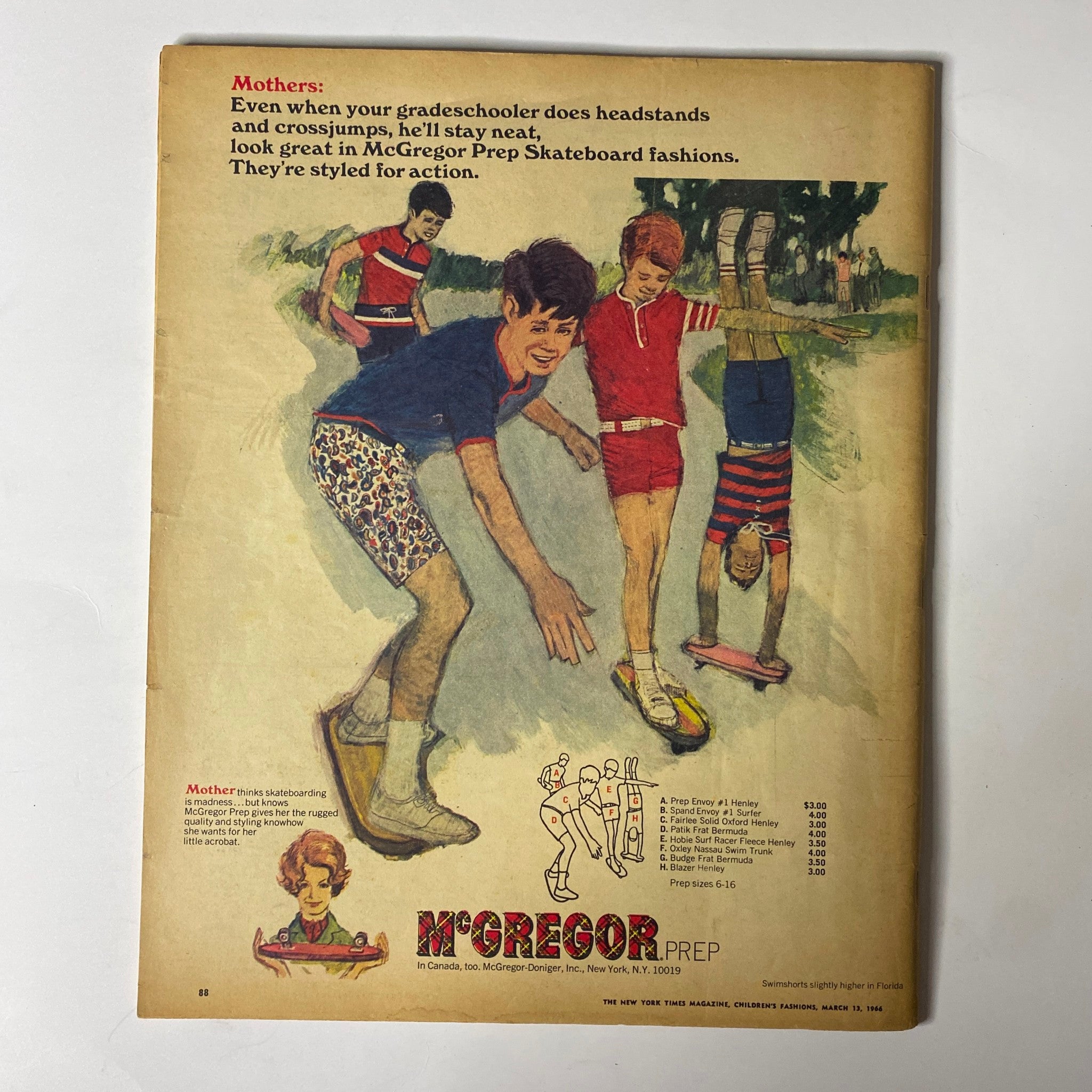 The New York Times Magazine March 13, 1966 Children's Fashion No Label VG showcasing an advertisement for McGregor Prep Skateboard fashions, featuring boys engaging in playful activities stylishly dressed in active wear.