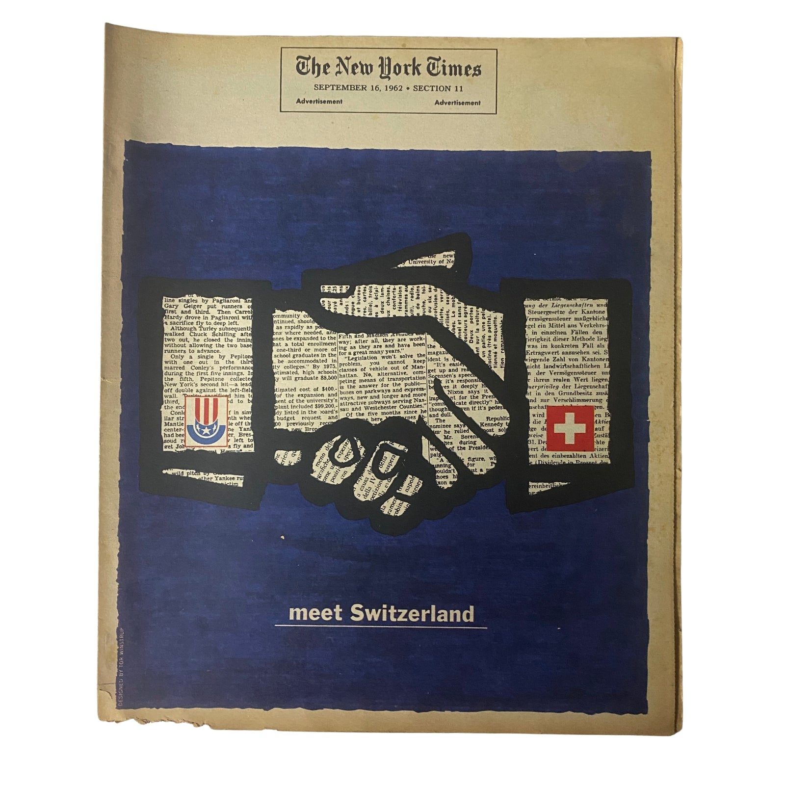 Cover of The New York Times Magazine, September 16, 1962, featuring an illustration of a handshake symbolizing Switzerland's neutrality and cultural identity with the caption 'meet Switzerland'.
