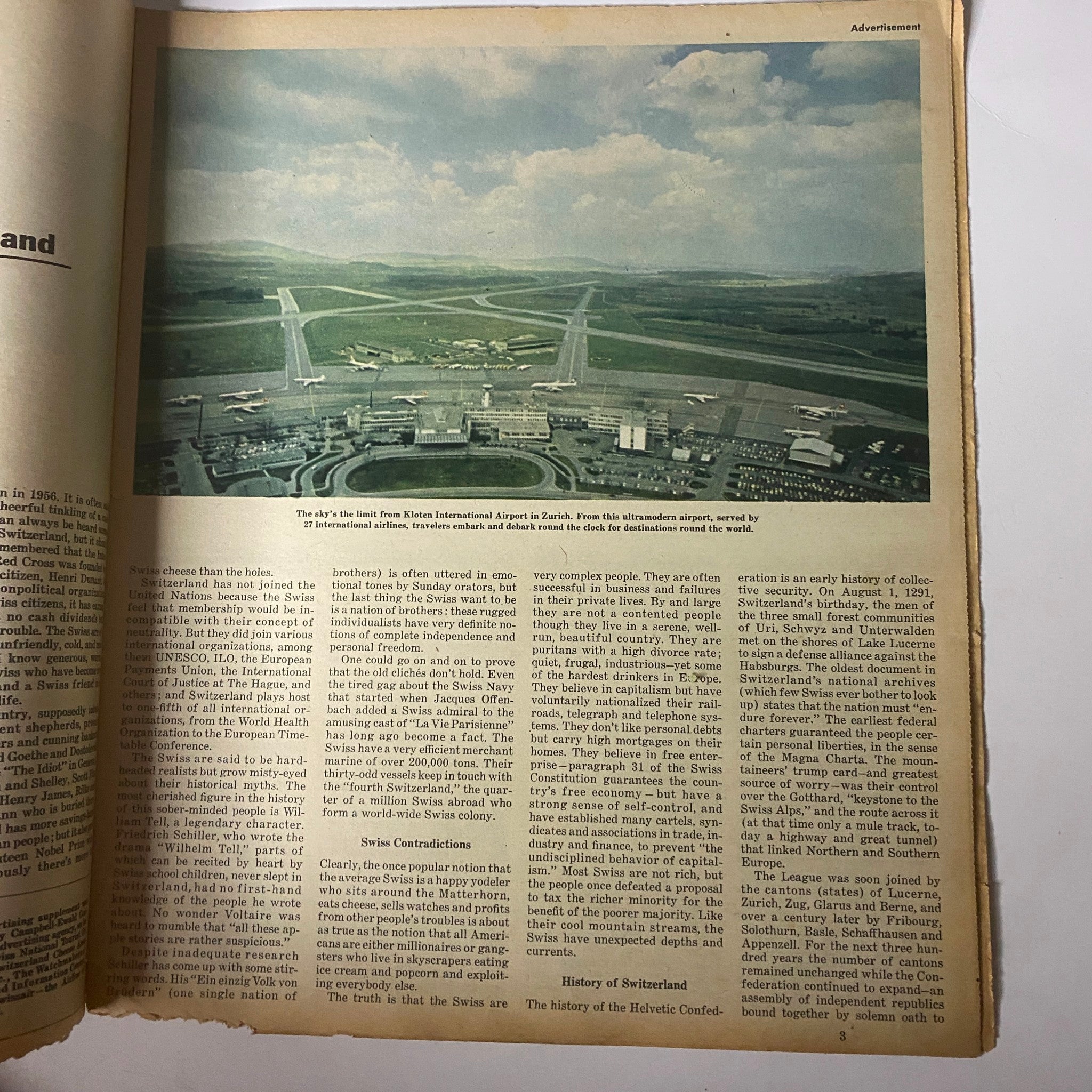 Page from The New York Times Magazine, September 16, 1962, showcasing an aerial view of Zurich's international airport, highlighting Switzerland's modern infrastructure and connectivity.