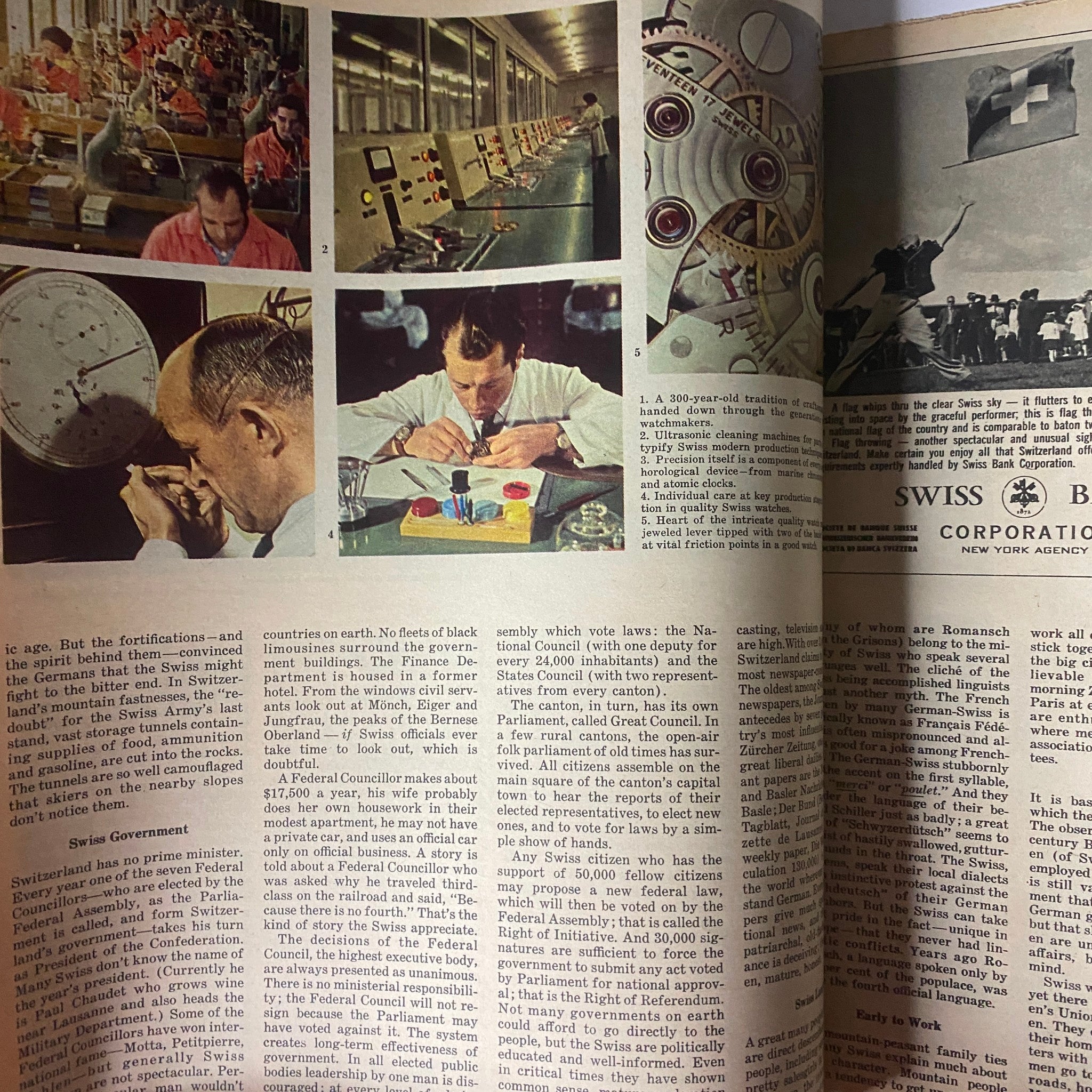 Page from The New York Times Magazine, September 16, 1962, displaying images of Swiss industry and technology, emphasizing the nation’s role in global economic contexts.