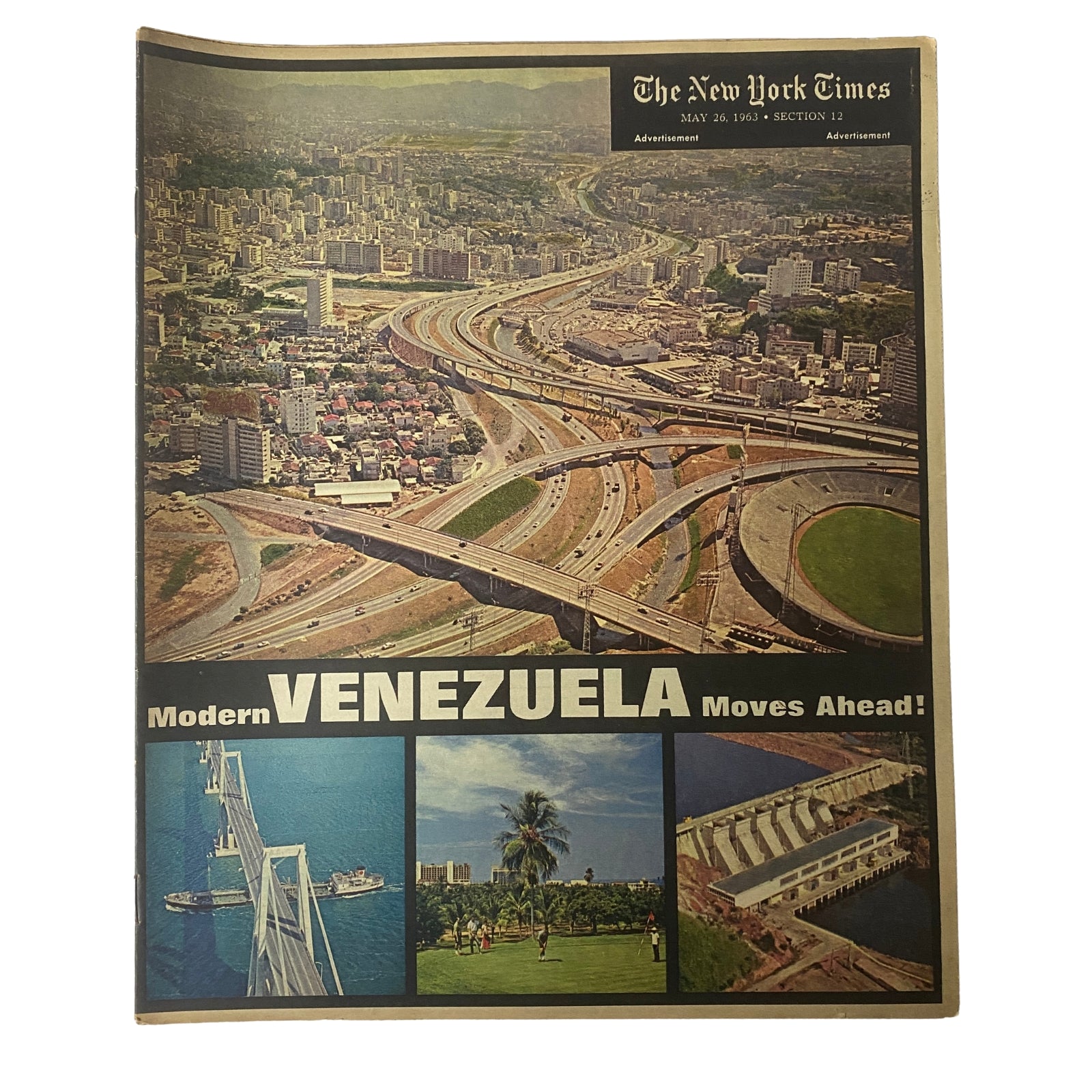 Cover of The New York Times Magazine, May 26, 1963, featuring a panoramic view of urban development in Caracas, Venezuela, with the title 'Modern Venezuela Moves Ahead!' displayed prominently.