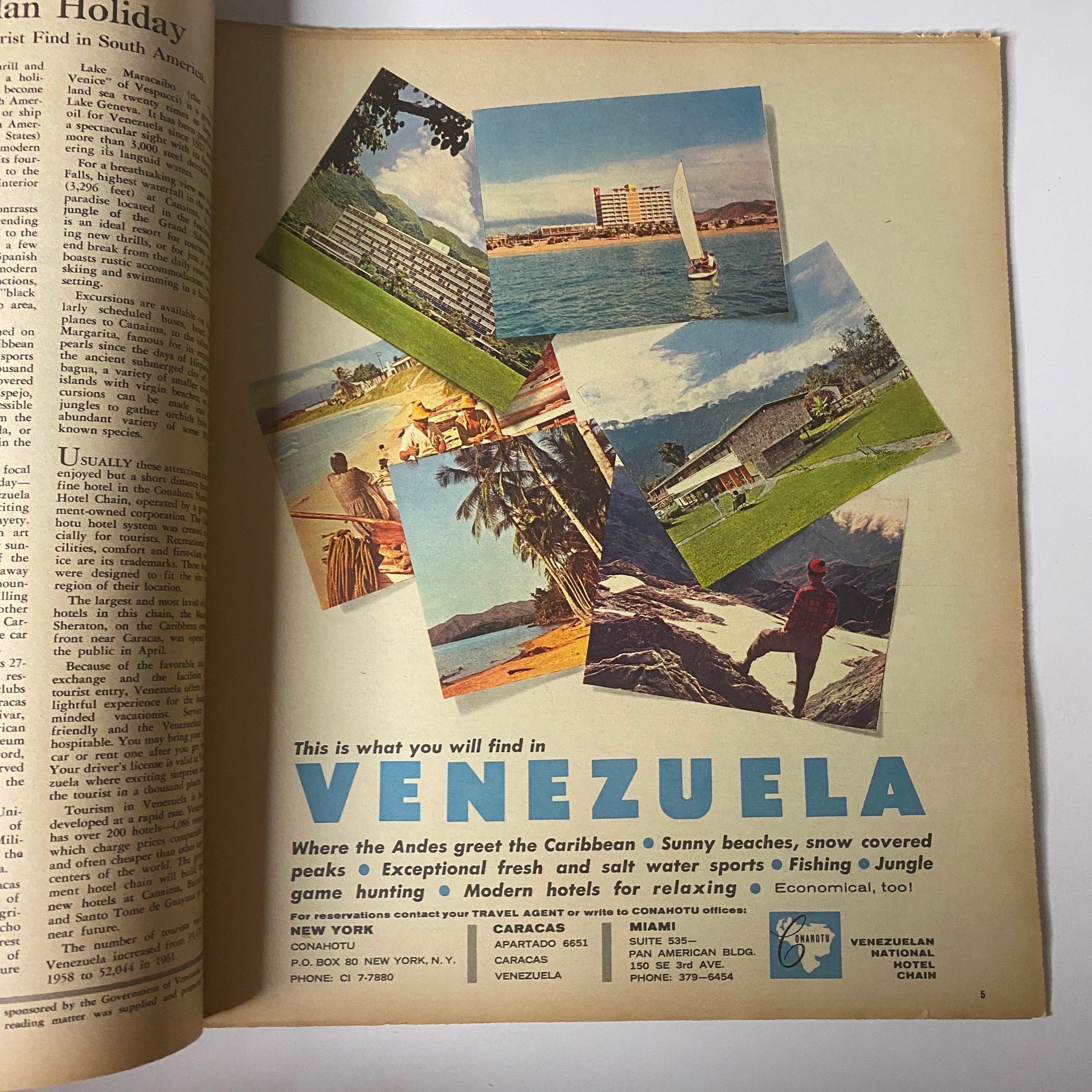 Inside spread of The New York Times Magazine, May 26, 1963, showcasing colorful images of Venezuelan landscapes and beaches, highlighting leisure and tourism opportunities with the text 'This is what you will find in Venezuela.'