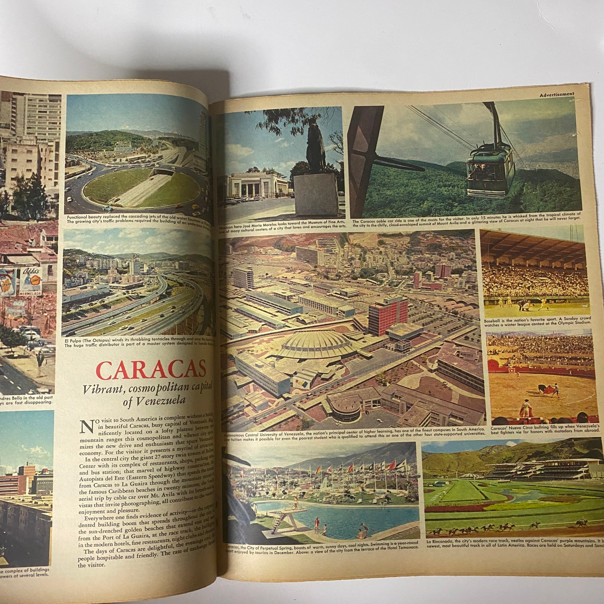 Inside spread of The New York Times Magazine, May 26, 1963, featuring a collage of vibrant images showcasing Caracas, emphasizing its cosmopolitan culture and urban development with the caption 'CARACAS: Vibrant, cosmopolitan capital of Venezuela.'