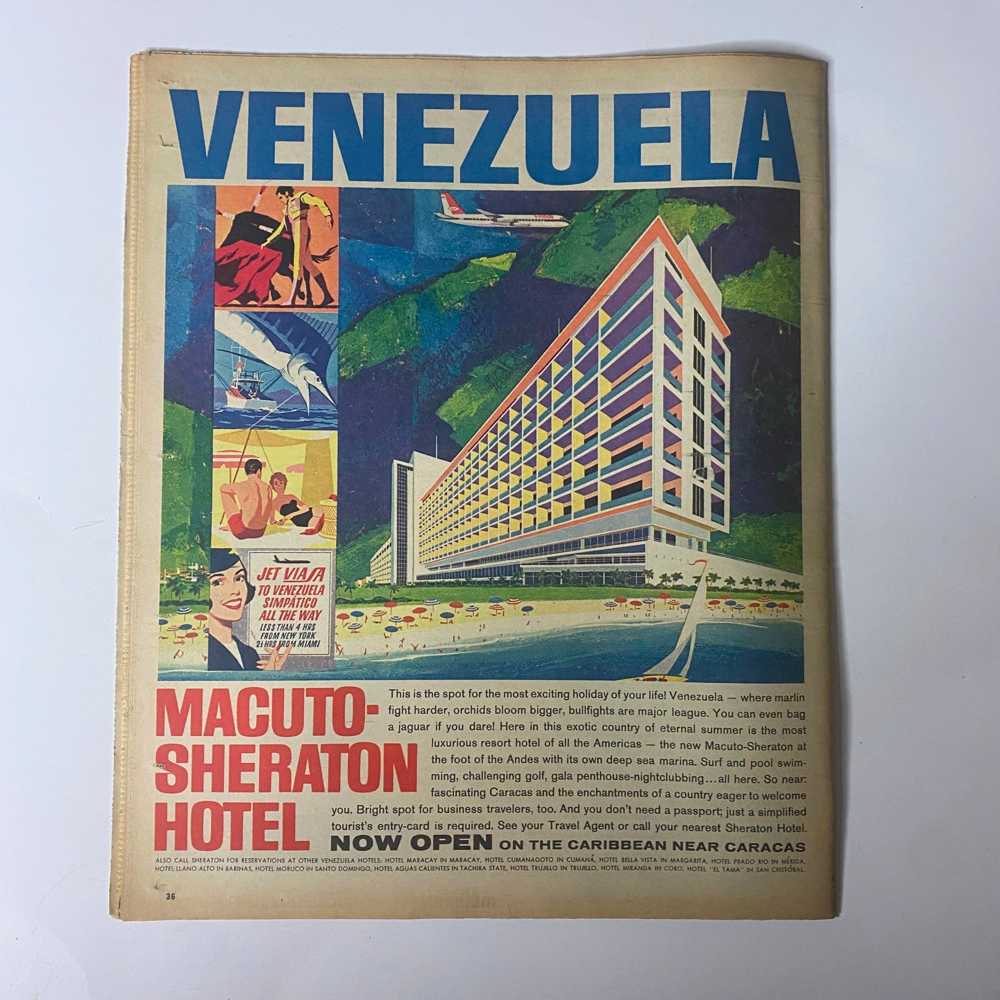 Cover image from The New York Times Magazine, May 26, 1963, featuring a colorful advertisement for the Macuto Sheraton Hotel in Venezuela, highlighting its appeal as an exciting holiday destination with modern architecture and a tropical backdrop.