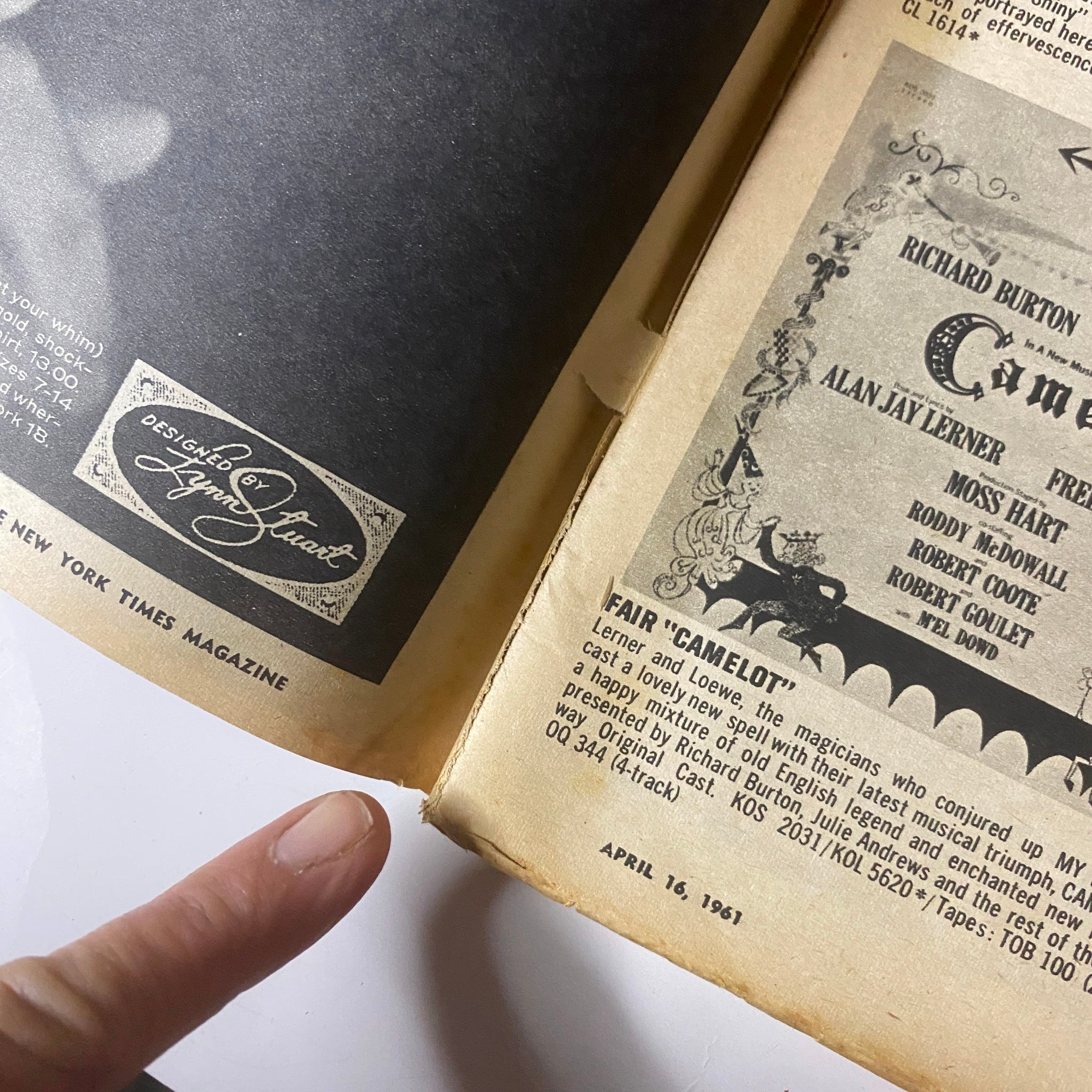 Inside view of The New York Times Magazine April 16, 1961 revealing an advertisement for the play 'Camelot' directed by Moss Hart.