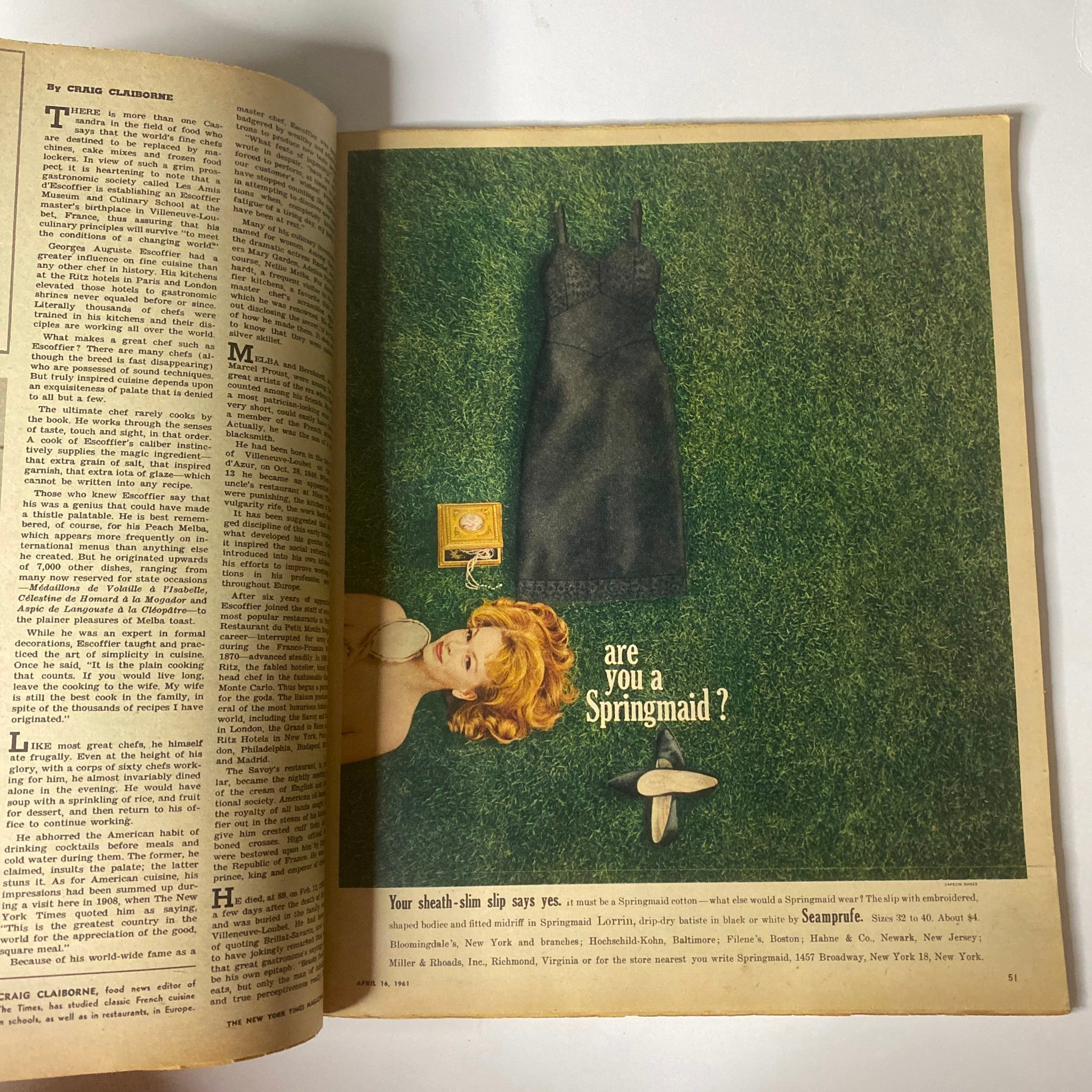 Fashion advertisement for Springmaid in The New York Times Magazine April 16, 1961, featuring a black slip dress and the question 'are you a Springmaid?'. »