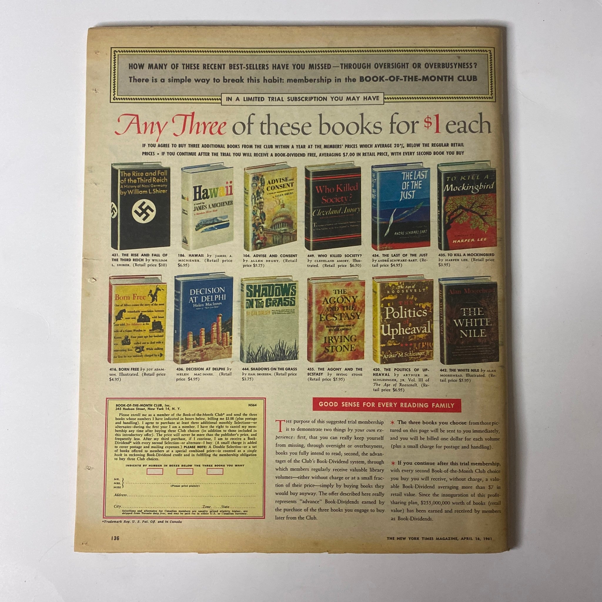 Cover page of The New York Times Magazine from April 16, 1961, featuring advertisements for book promotions, categorized offers, and a historical reflection for 'Special Warfare'.