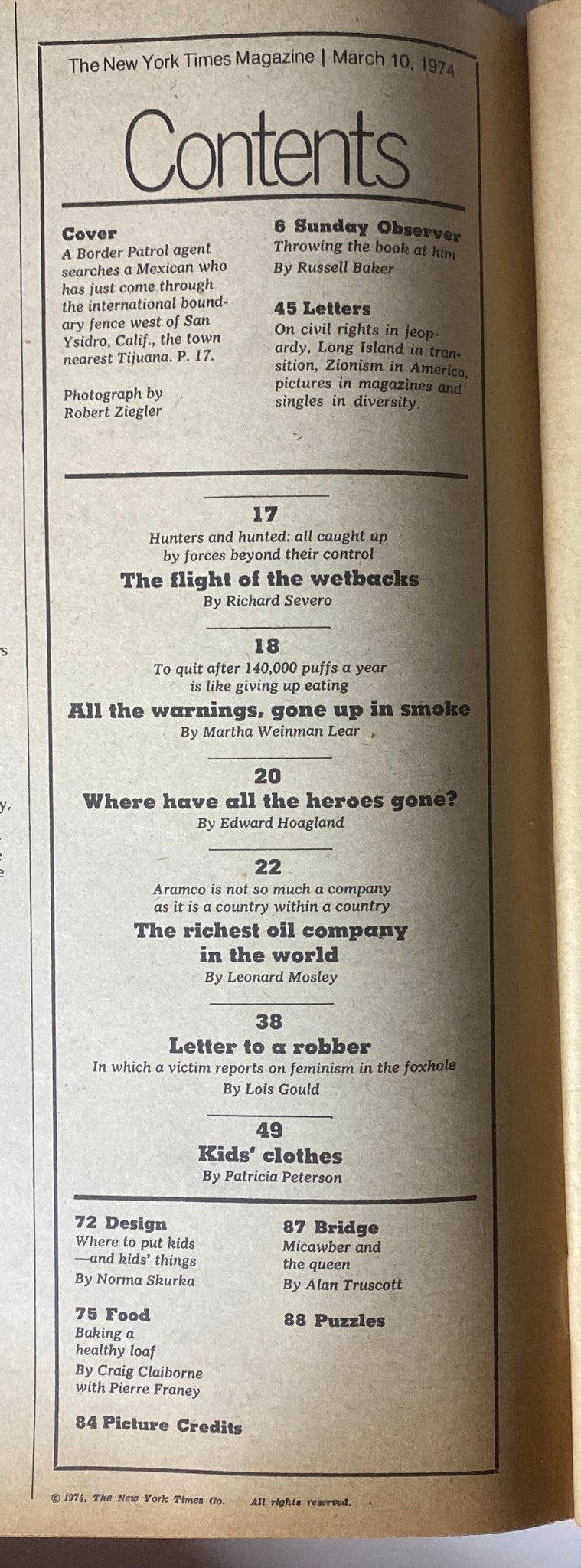 Table of contents for The New York Times Magazine, March 10, 1974, listing featured articles such as 'The Flight of the Wetbacks' by Richard Severo.