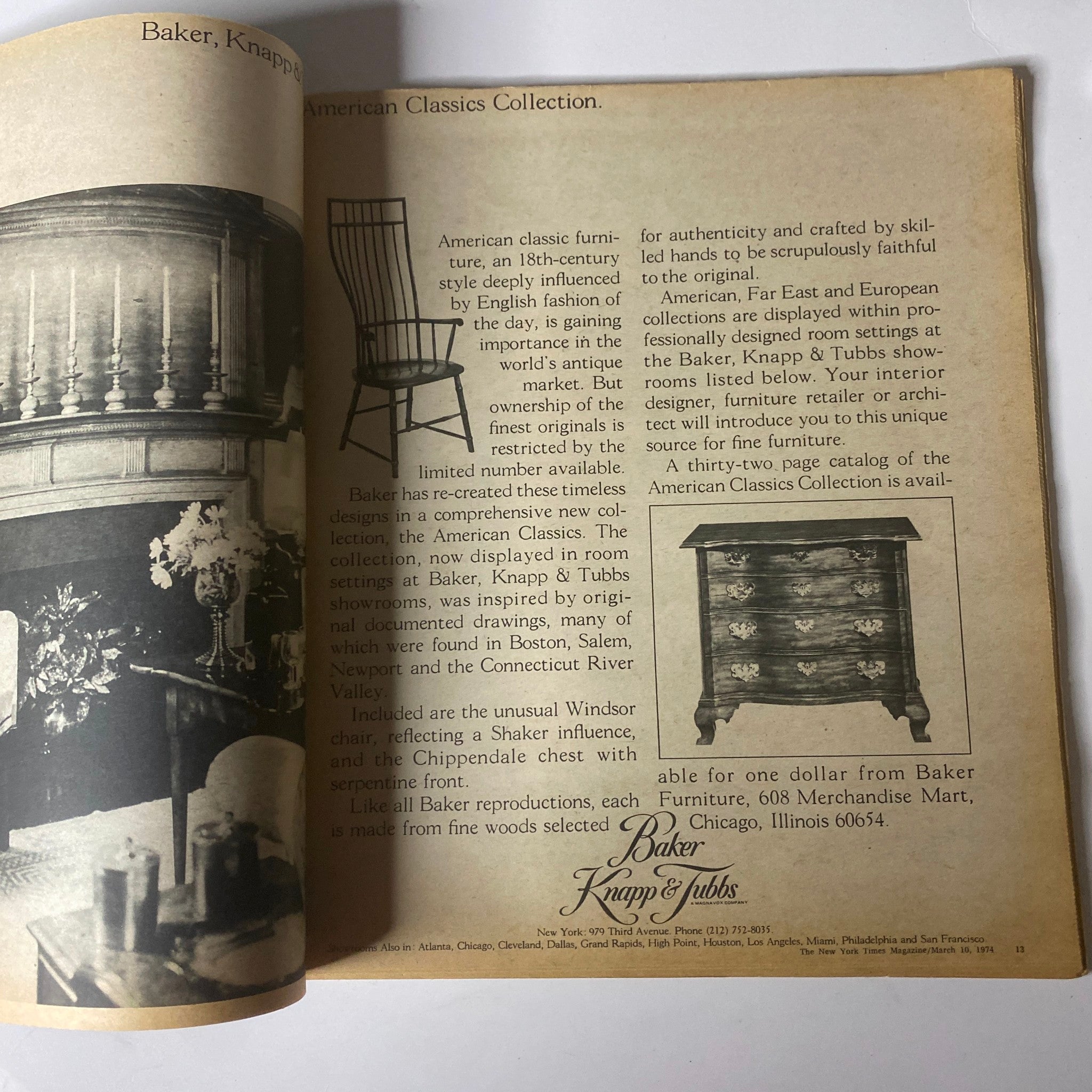 Page from The New York Times Magazine, March 10, 1974, showcasing an advertisement for Baker, Knapp & Tubbs American Classics Collection.