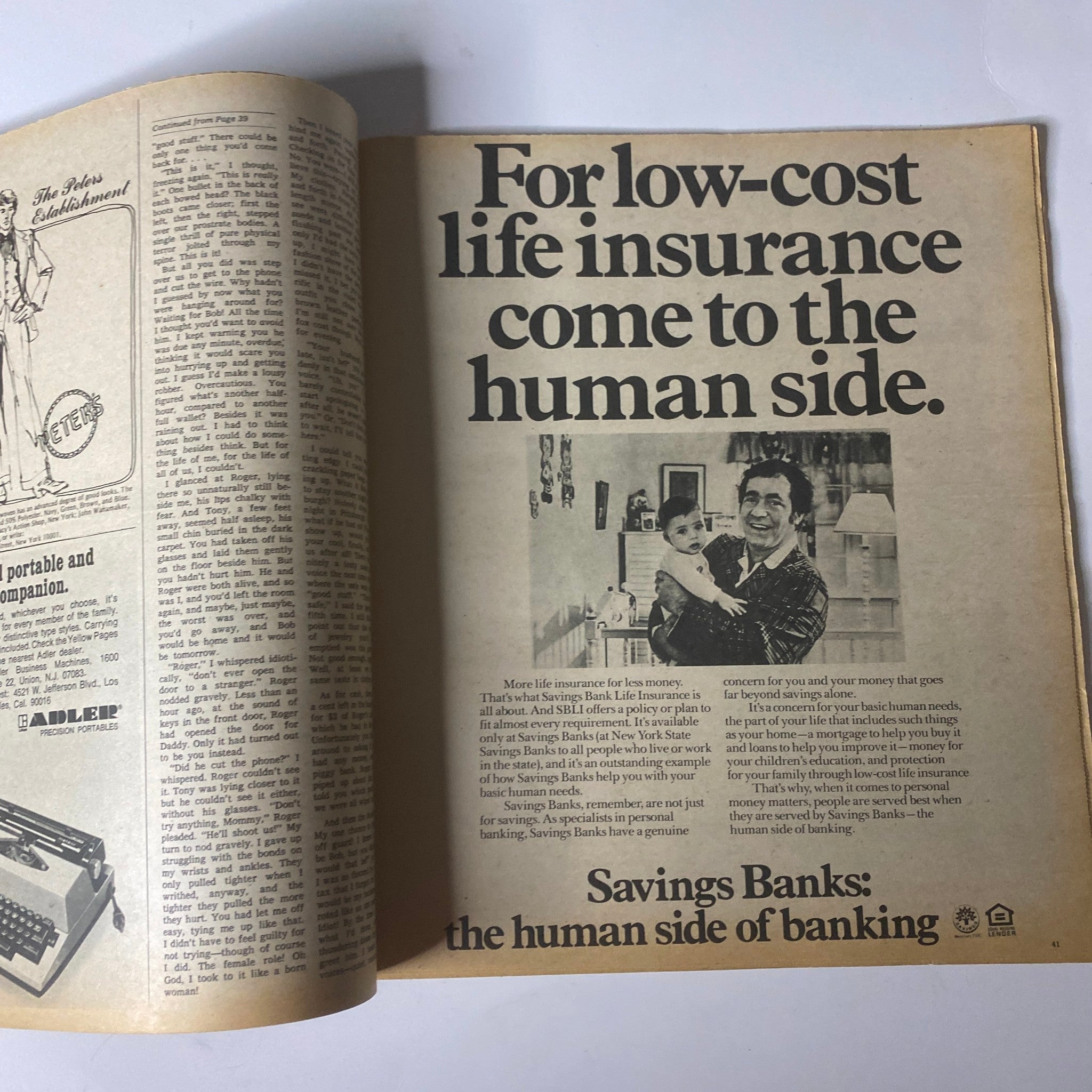 Page from The New York Times Magazine, March 10, 1974, featuring an advertisement for savings banks, emphasizing low-cost life insurance.