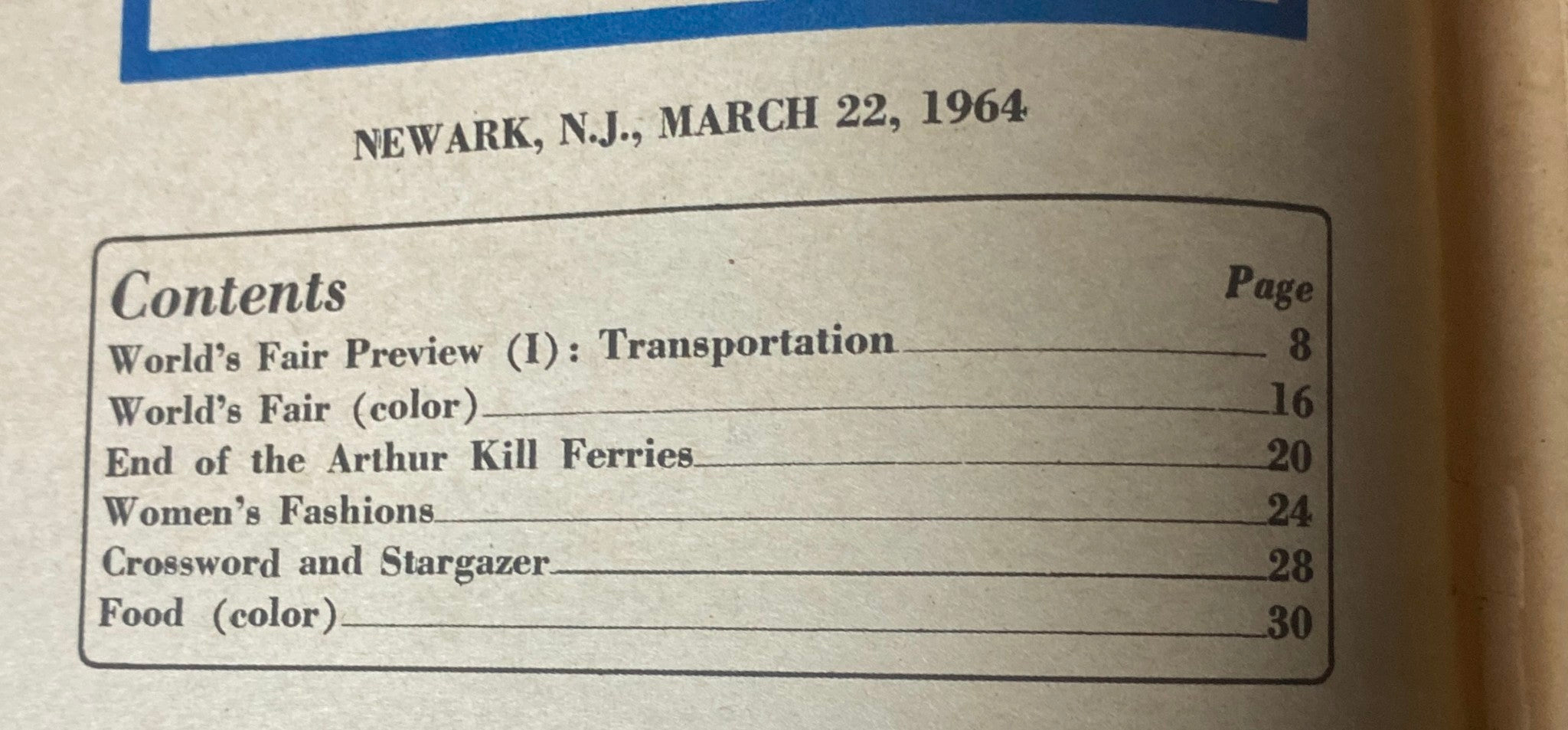 Table of contents page from the Sunday Newark News Magazine, March 22, 1964, detailing features including World's Fair Preview, Women's Fashions, and more.
