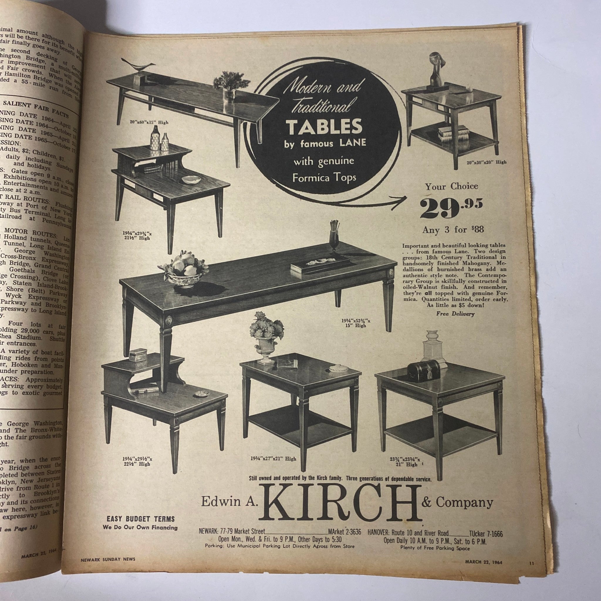 Advertisement page from Sunday Newark News Magazine, March 22, 1964, showcasing modern and traditional tables by Edwin A. Kirch & Company.