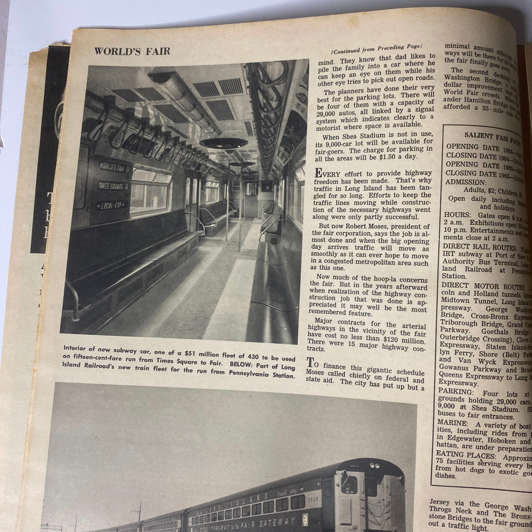 Interior view of a subway car featured in the Sunday Newark News Magazine March 22, 1964 World's Fair Preview, showcasing new subway technology and transportation innovations planned for the World's Fair.