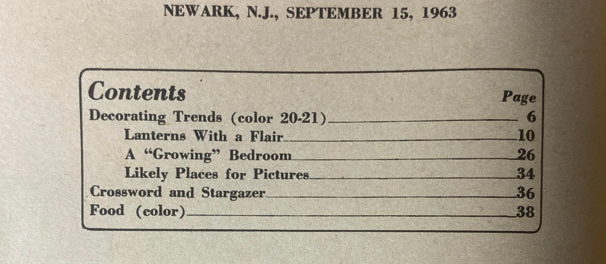 Table of contents from Sunday Newark News Magazine, September 15, 1963, listing articles on decorating trends, lanterns, bedroom designs, and more.