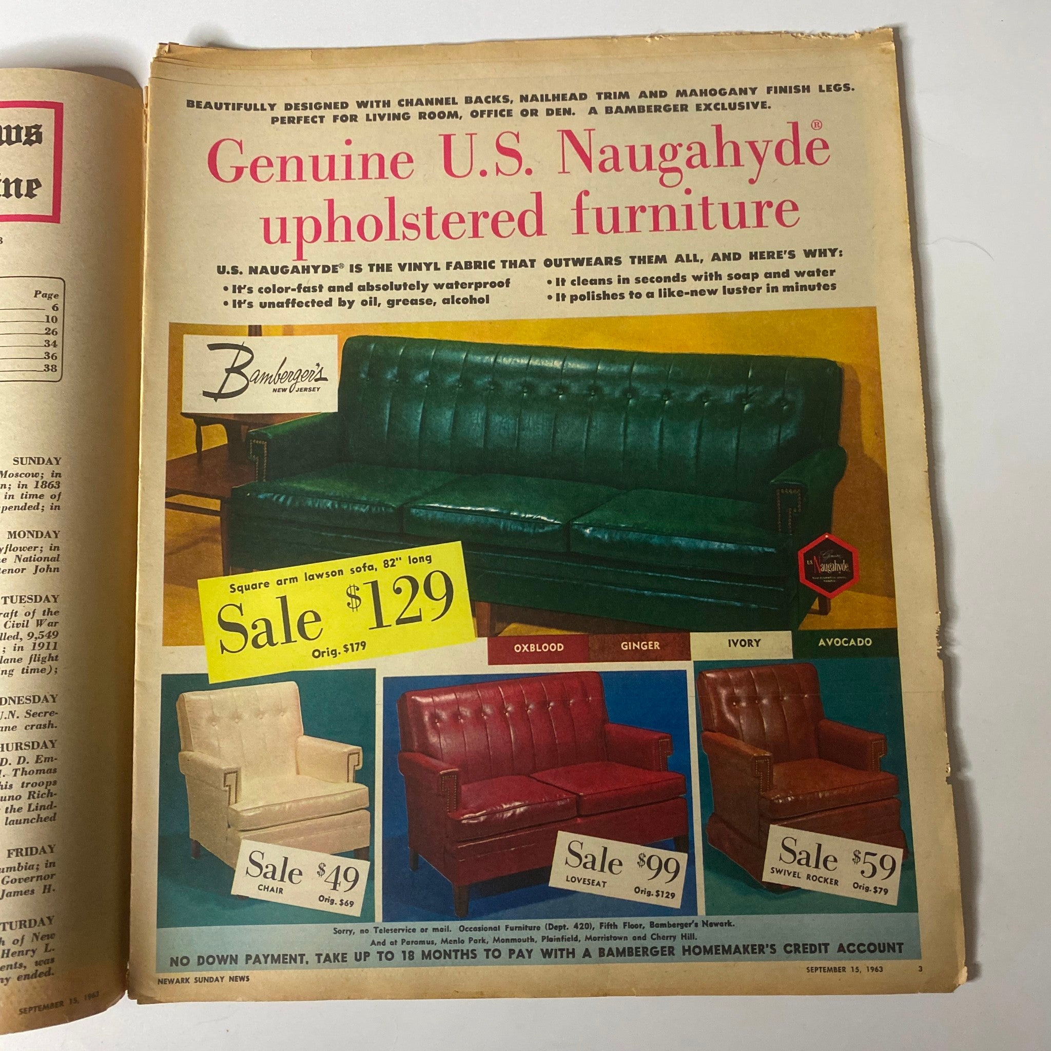 Advertisement page from Sunday Newark News Magazine, September 15, 1963, promoting genuine U.S. Naugahyde upholstered furniture with a vibrant color selection.